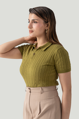 CABLE KNIT POLO FUNGAL GREEN