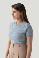 CABLE KNIT SHORT SLEEVE RAGLAN