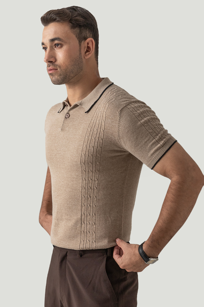 SHORT SLEEVE THREE CABLE KNIT POLO