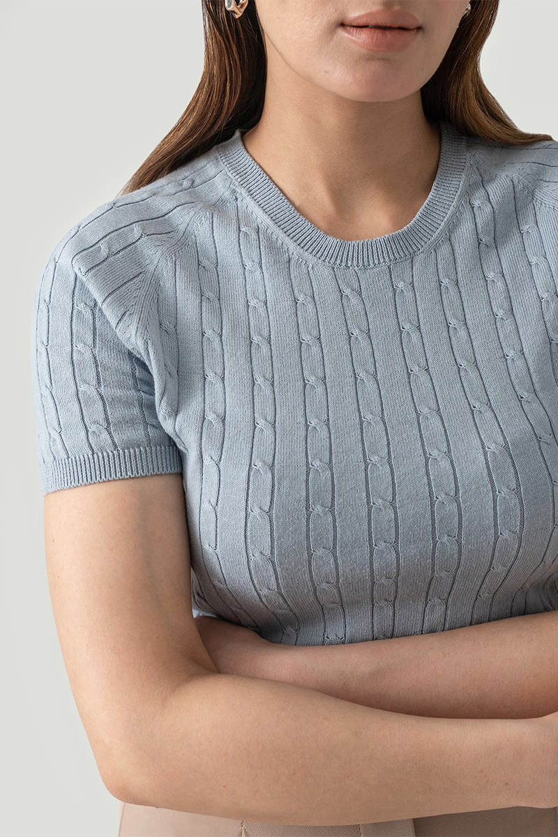 CABLE KNIT SHORT SLEEVE RAGLAN
