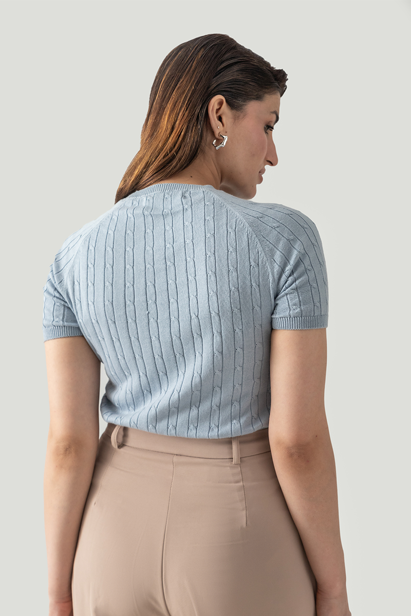 CABLE KNIT SHORT SLEEVE RAGLAN