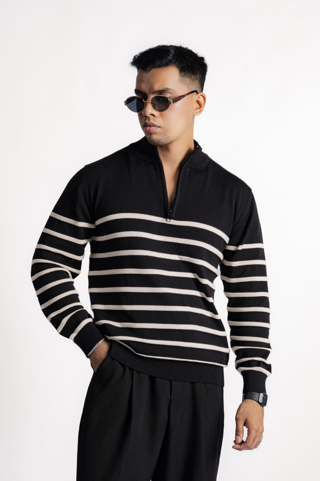STRIPED QUARTER ZIPPER KNIT JUMPER