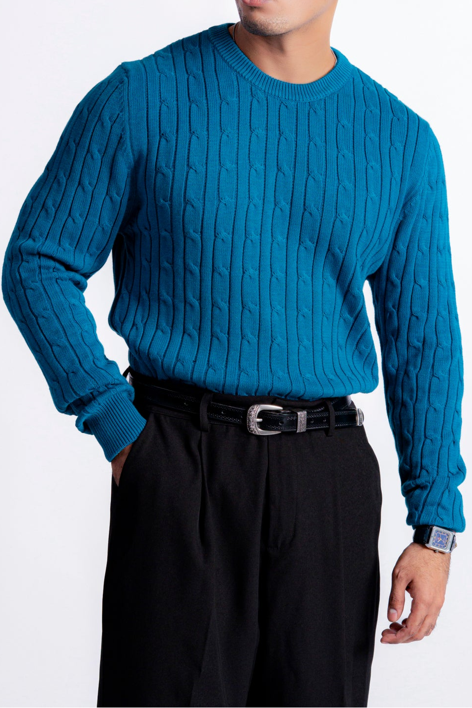 FEROZI BLUE CABLE KNIT CREW NECK KNIT JUMPER