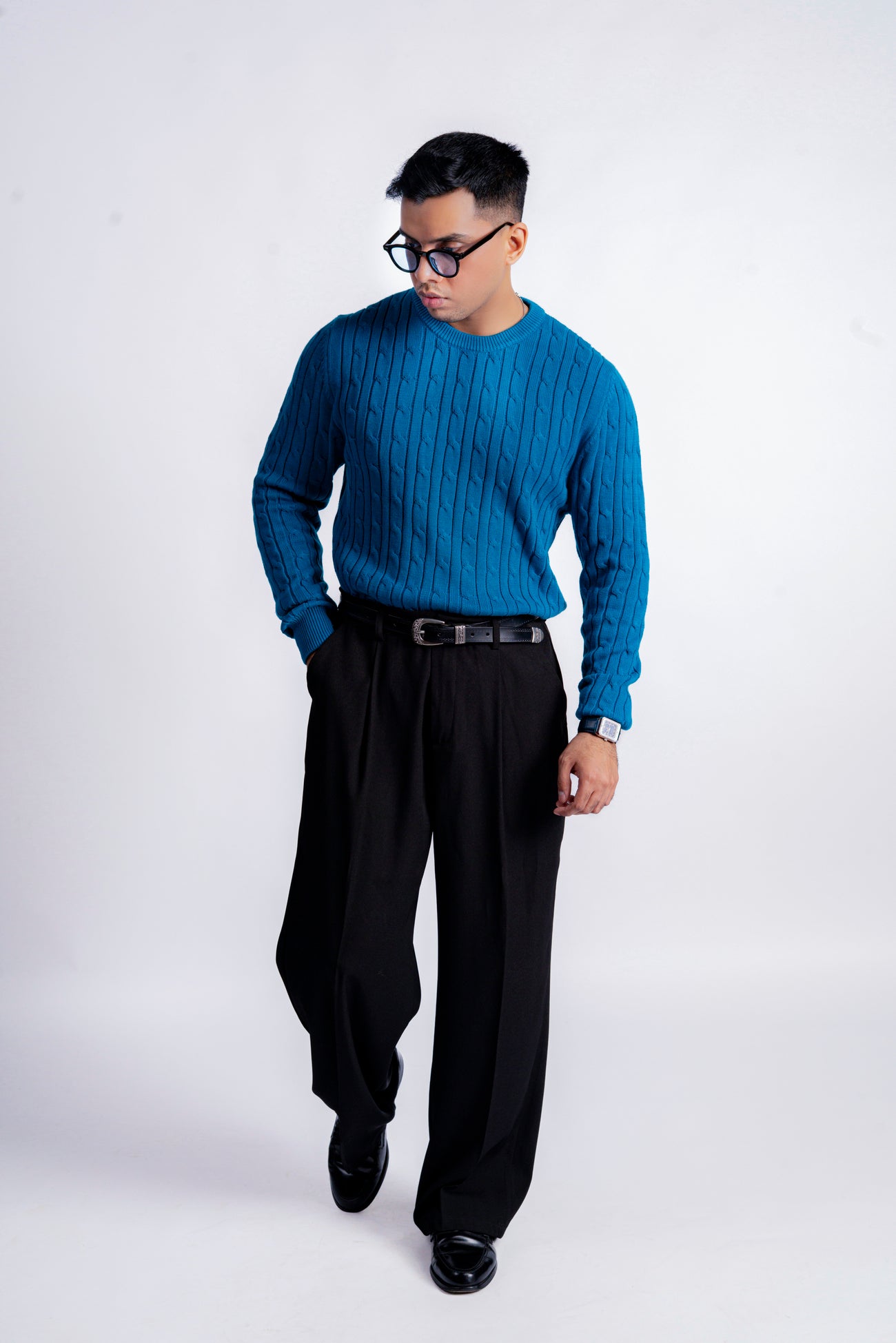 FEROZI BLUE CABLE KNIT CREW NECK KNIT JUMPER