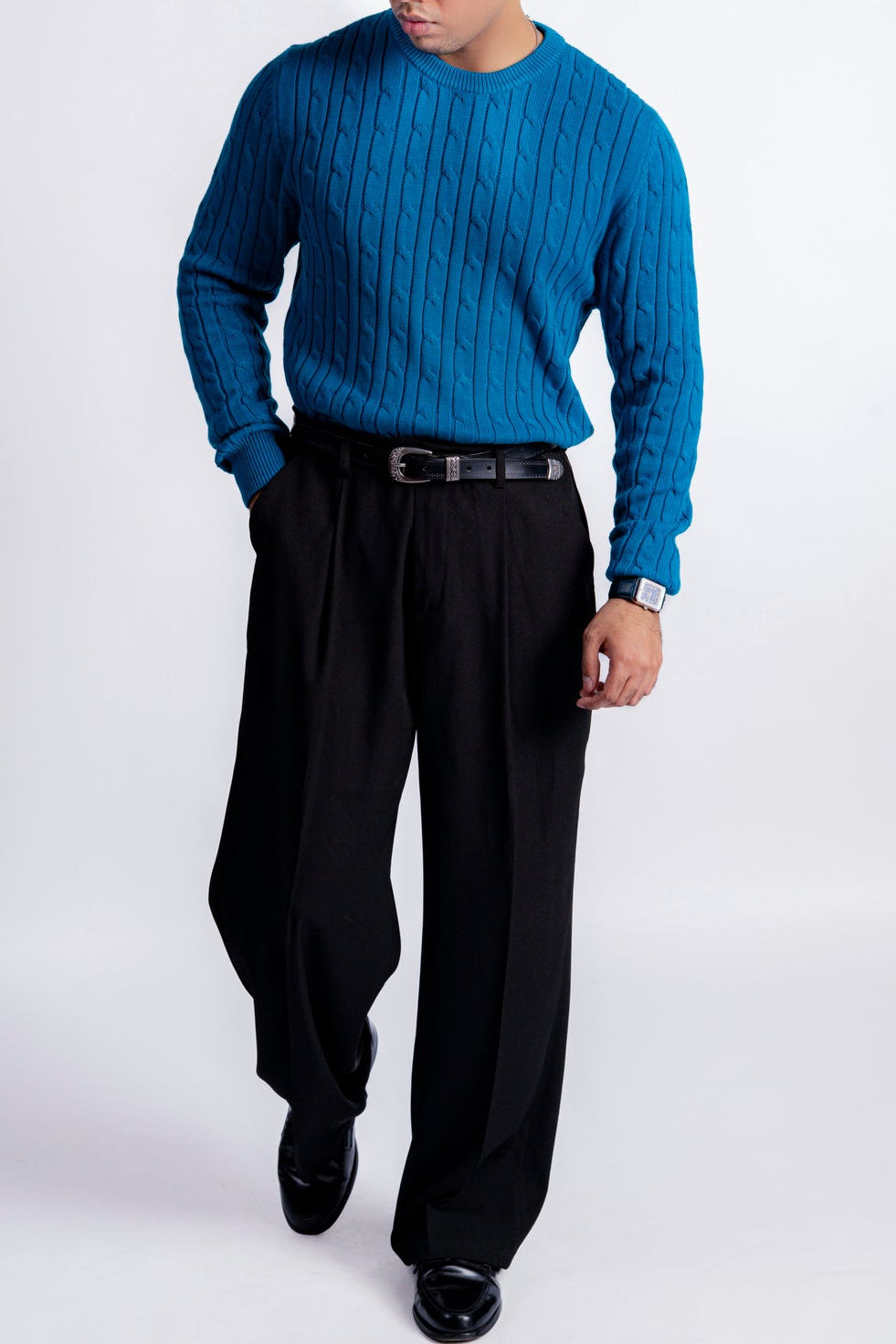 FEROZI BLUE CABLE KNIT CREW NECK KNIT JUMPER