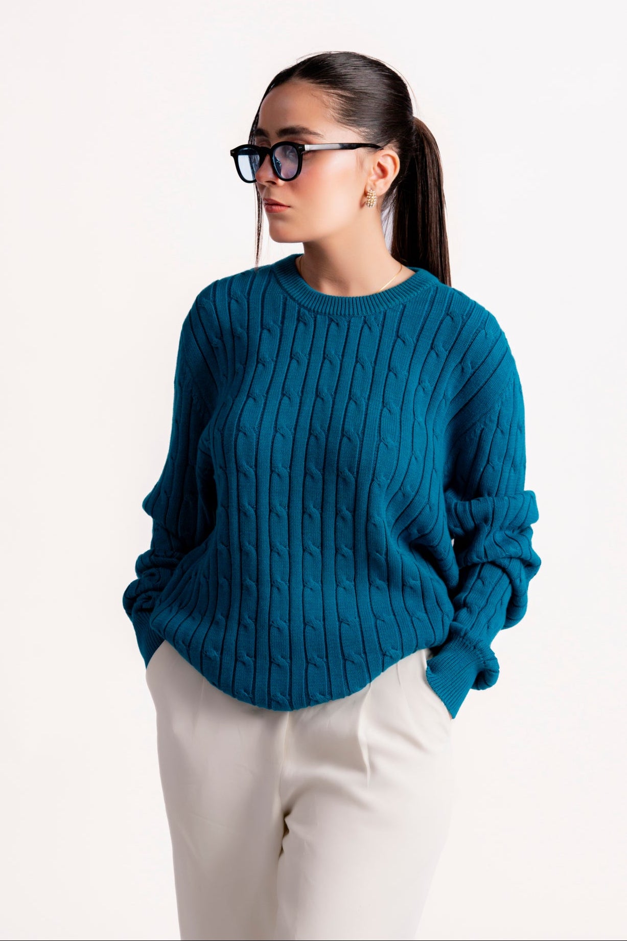 FEROZI BLUE CABLE KNIT CREW NECK KNIT JUMPER