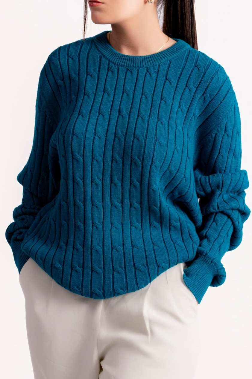 FEROZI BLUE CABLE KNIT CREW NECK KNIT JUMPER