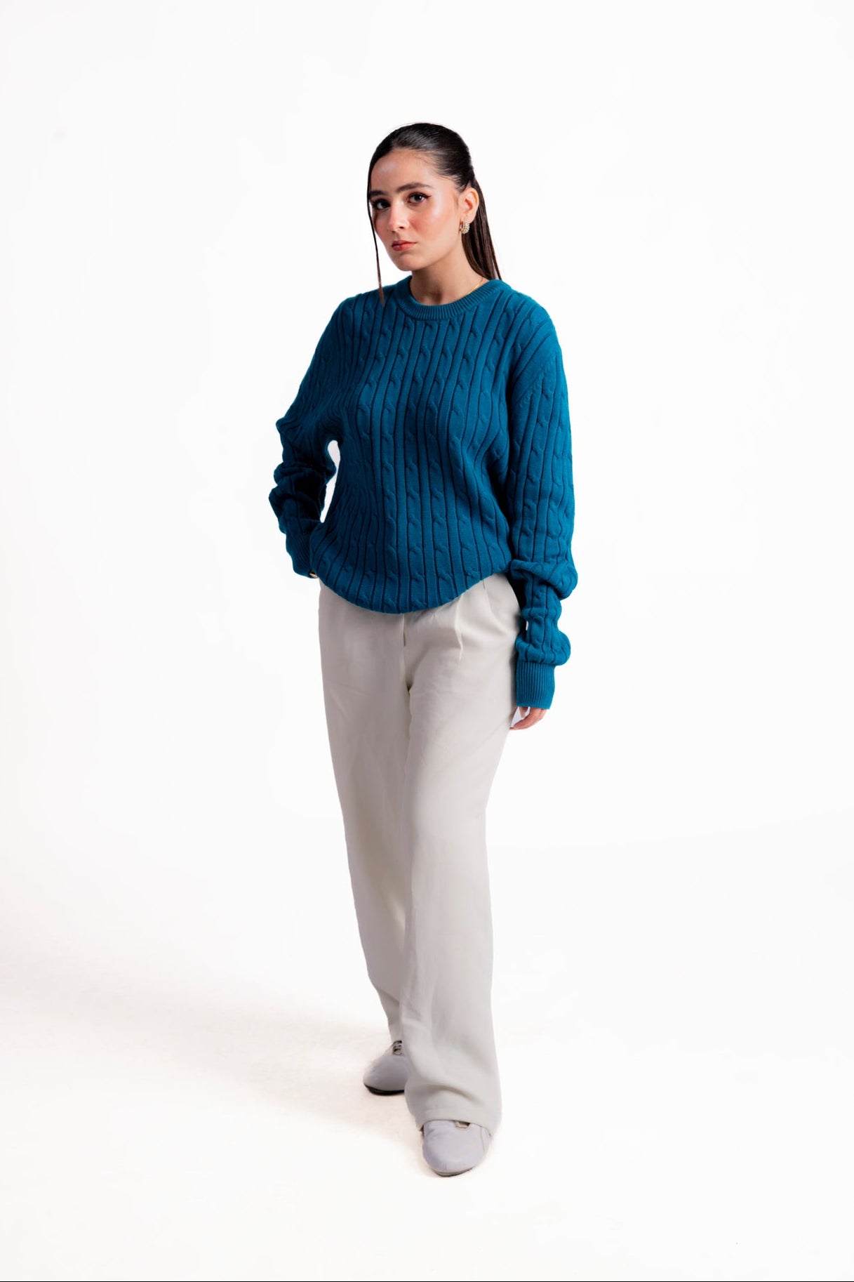 FEROZI BLUE CABLE KNIT CREW NECK KNIT JUMPER