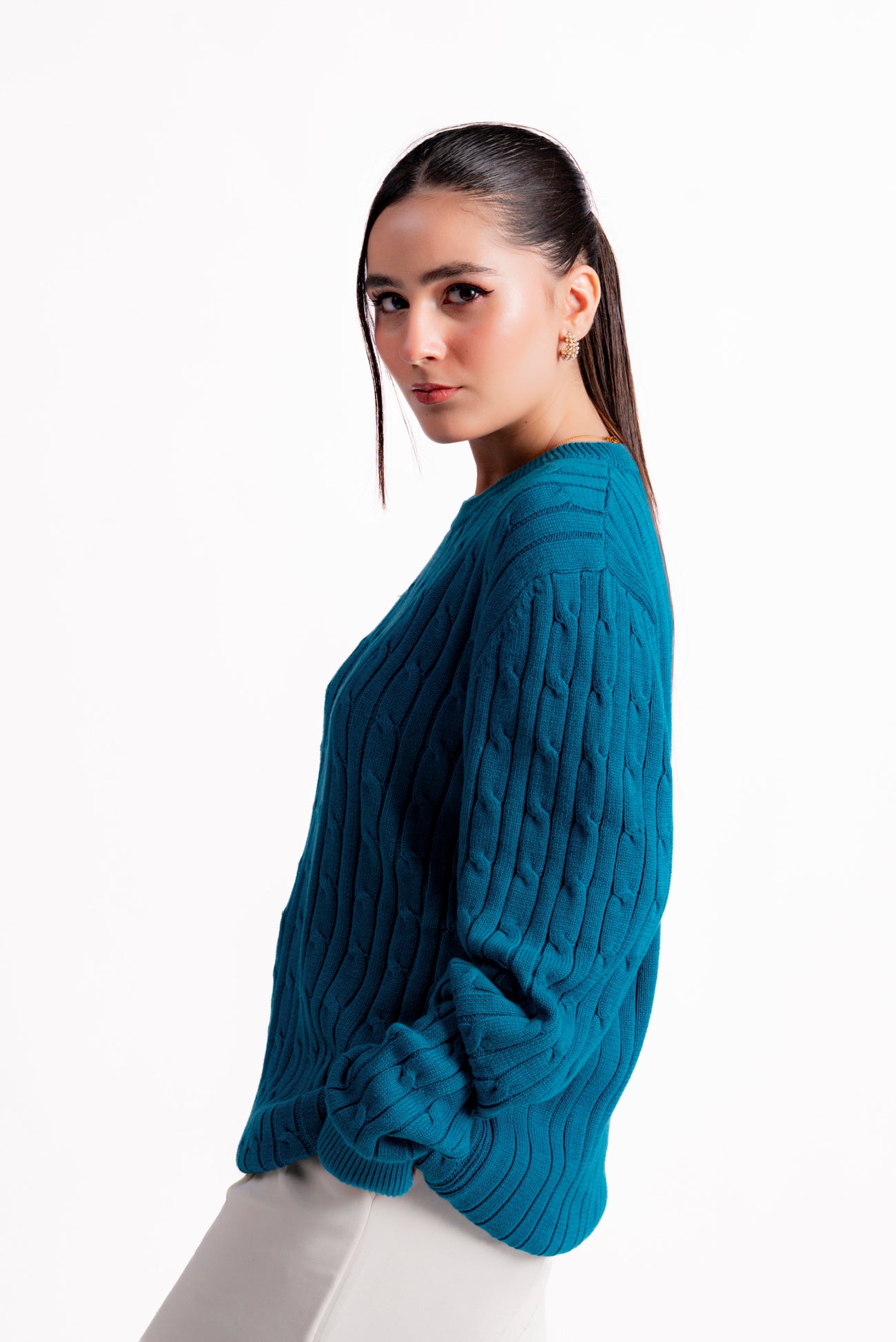 FEROZI BLUE CABLE KNIT CREW NECK KNIT JUMPER