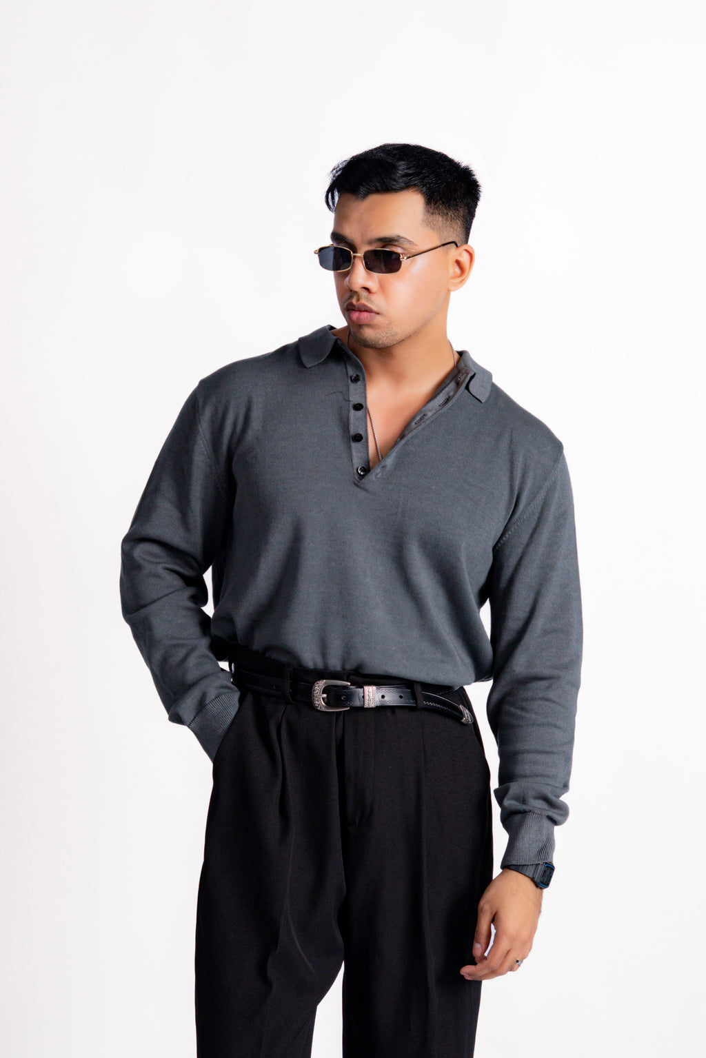 FIVE BUTTON LONG SLEEVE POLO GREY