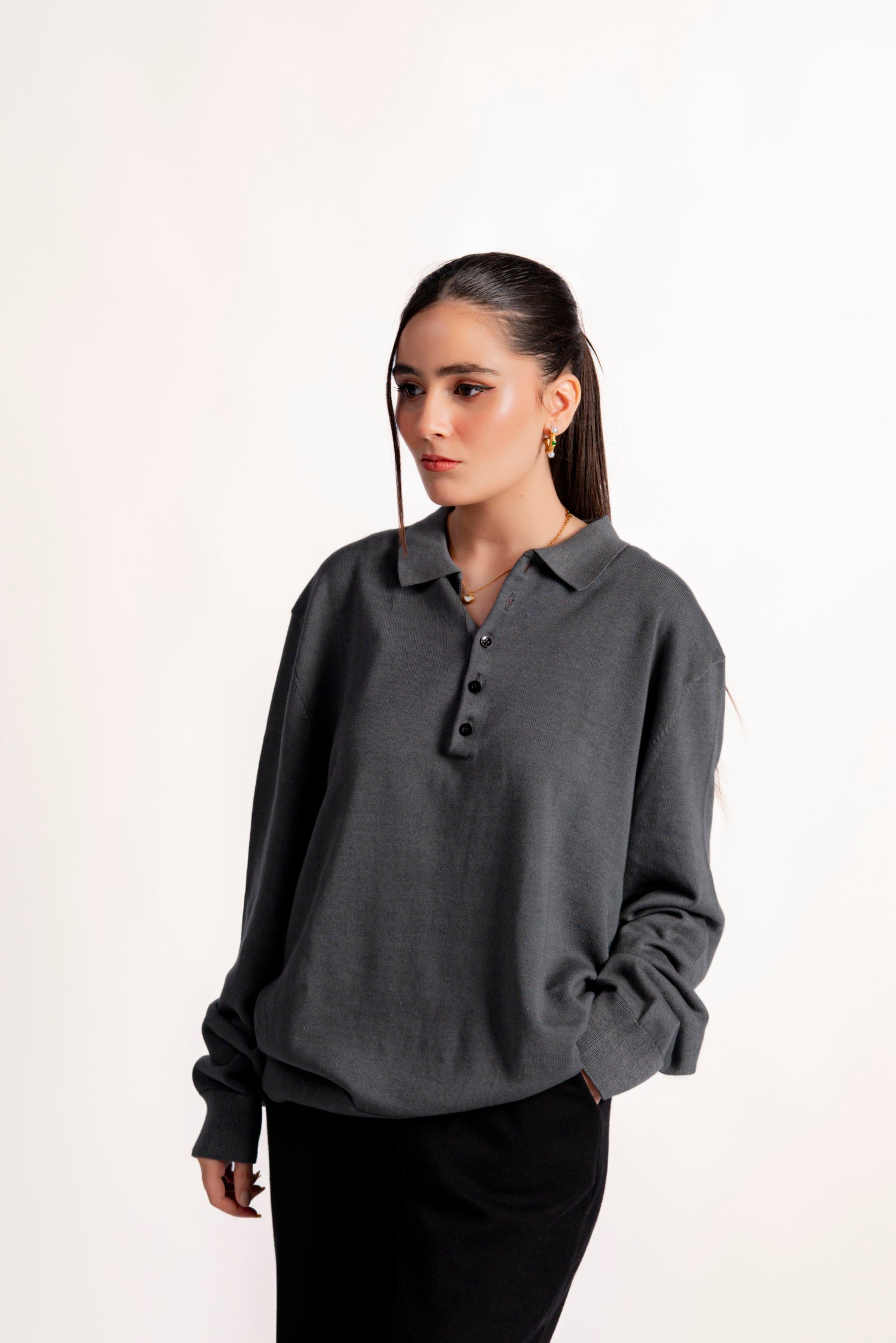 FIVE BUTTON LONG SLEEVE POLO GREY