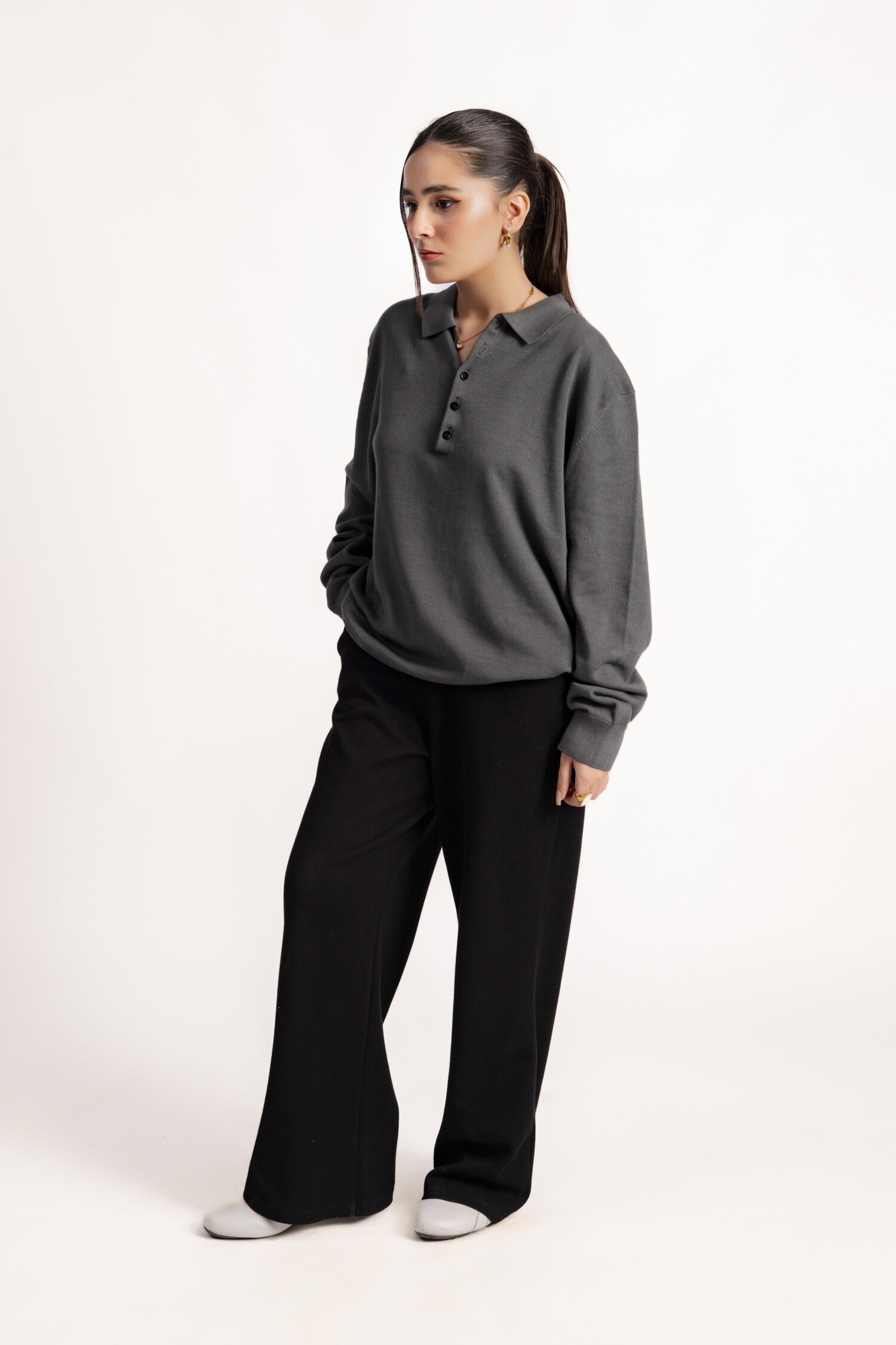 FIVE BUTTON LONG SLEEVE POLO GREY