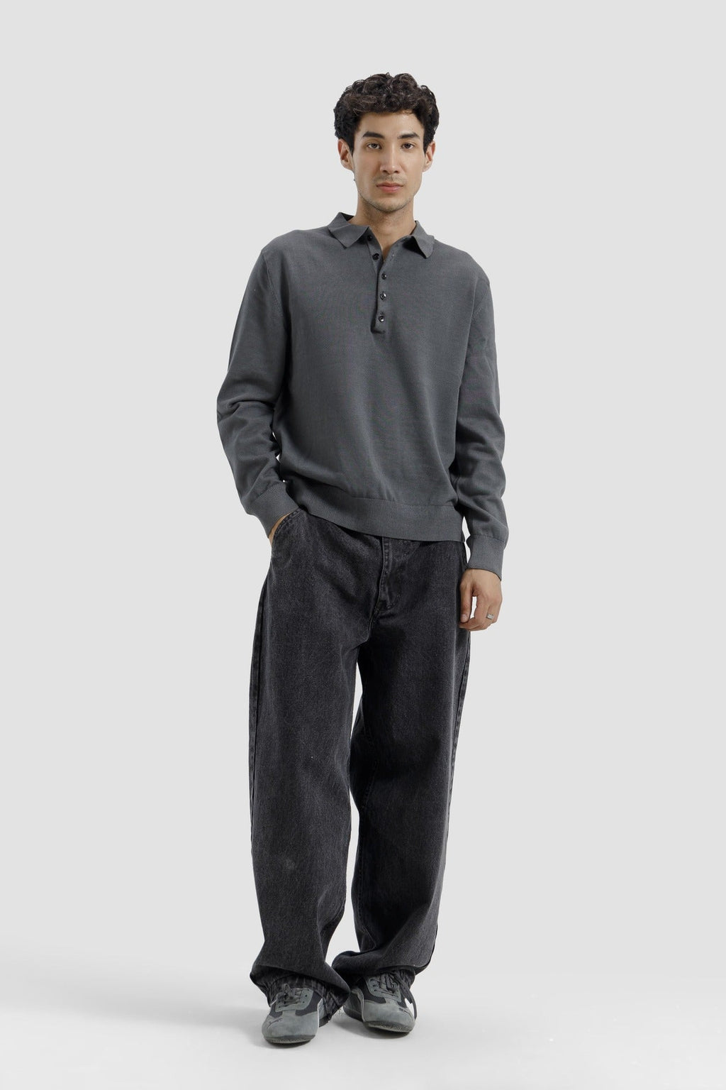 FIVE BUTTON LONG SLEEVE POLO GREY