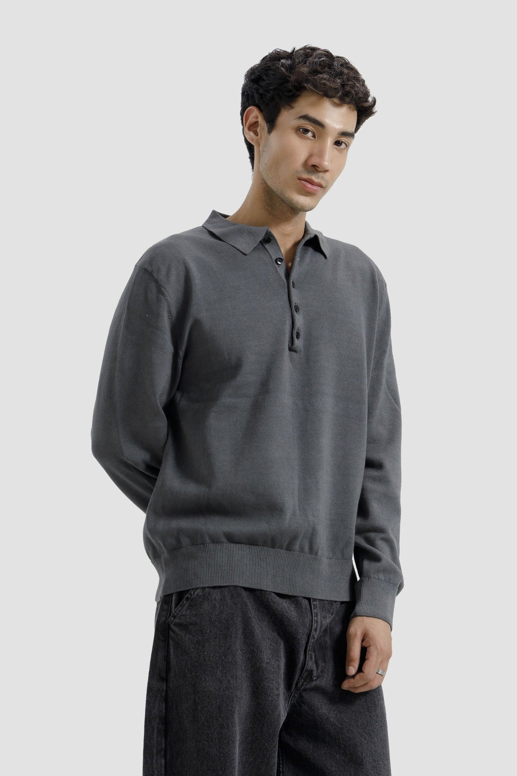 FIVE BUTTON LONG SLEEVE POLO GREY