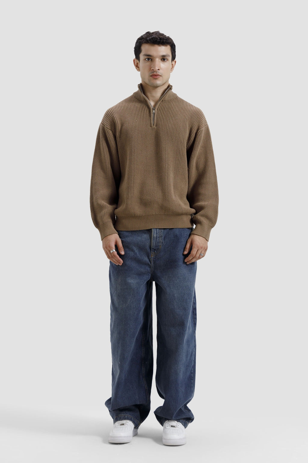 EARTHY BROWN QUARTER ZIPPER KNIT JUMPER