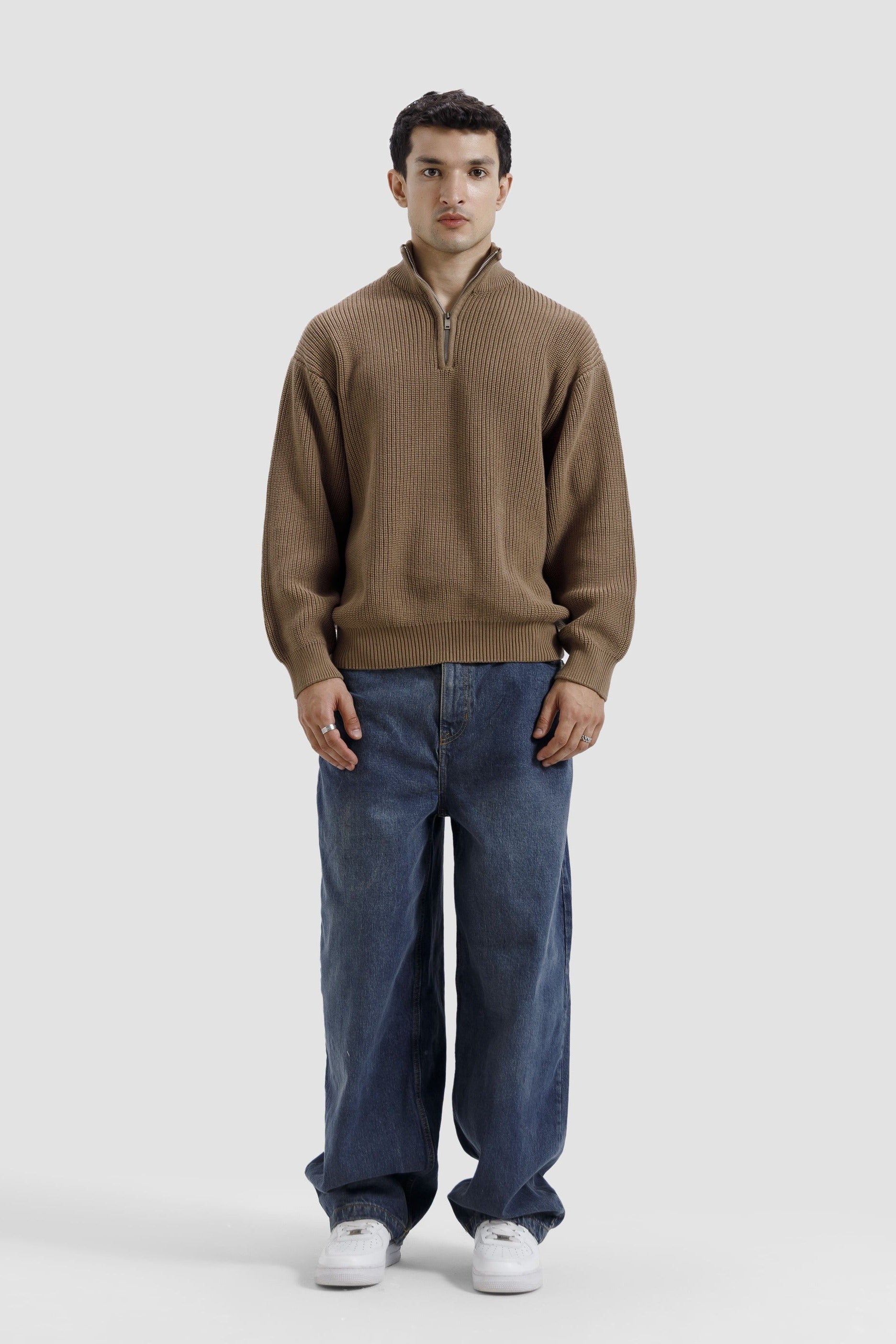 EARTHY BROWN QUARTER ZIPPER KNIT JUMPER