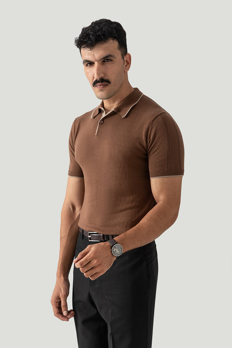 SPREAD COLLAR KNIT POLO WITH DROP NEEDLE