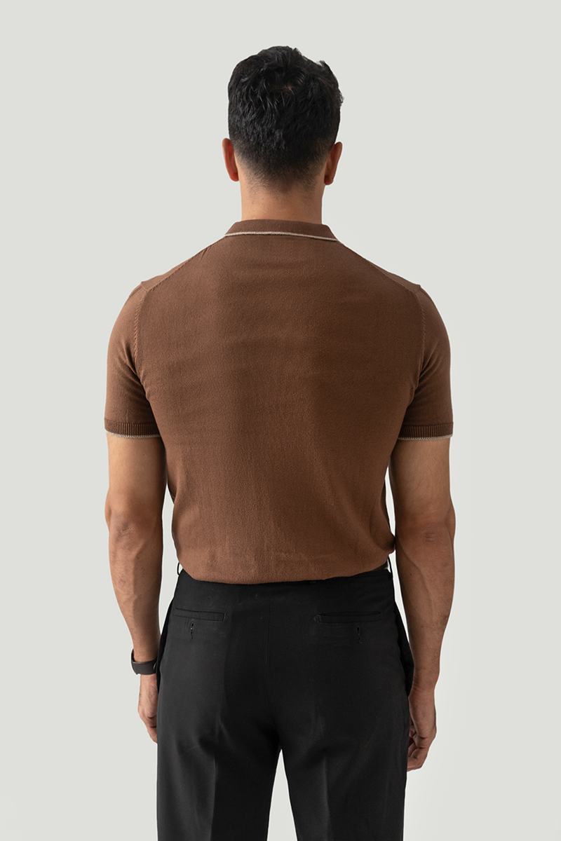 SPREAD COLLAR KNIT POLO WITH DROP NEEDLE