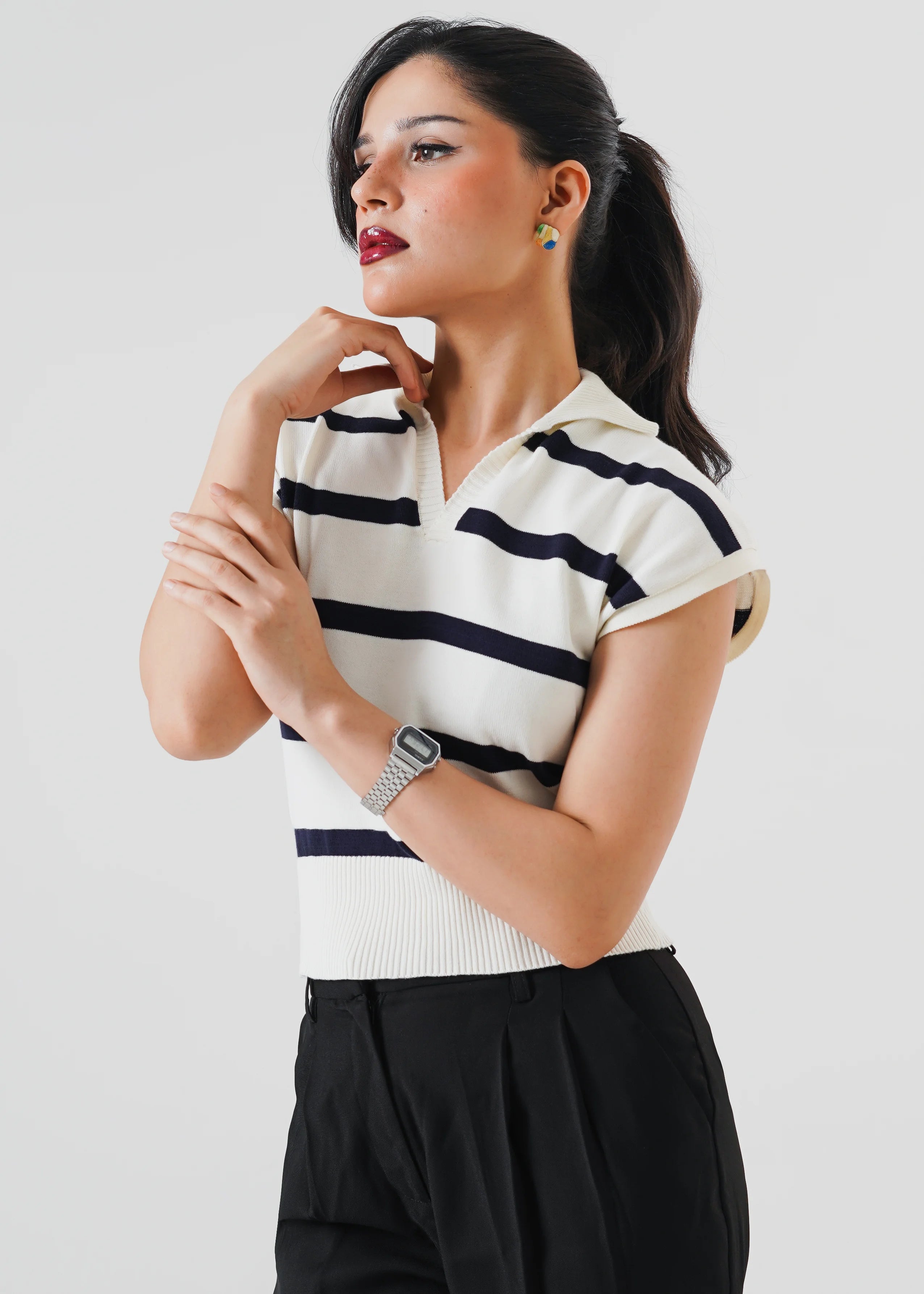 STRIPPED SLEEVELESS CROPPED KNIT POLO