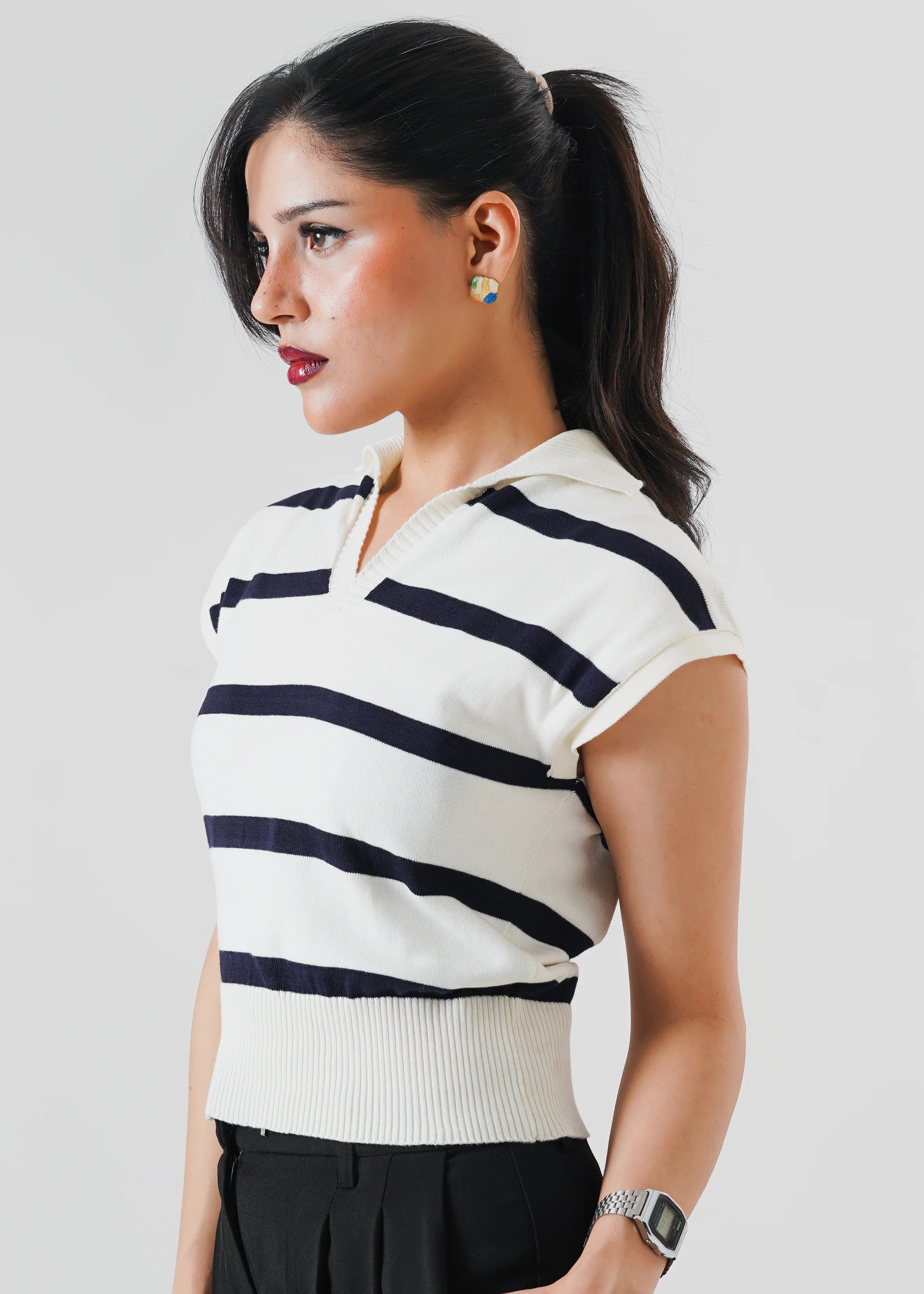 STRIPPED SLEEVELESS CROPPED KNIT POLO