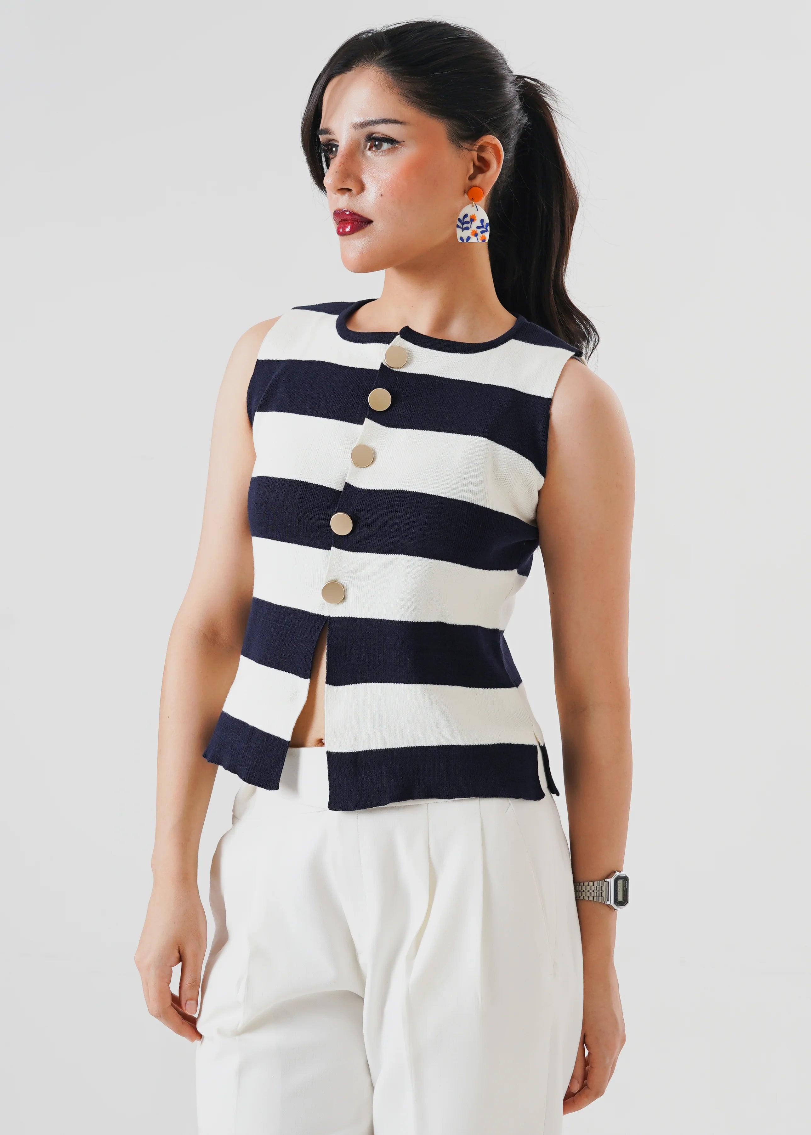 STRIPPED MILANO RIB KNIT VEST