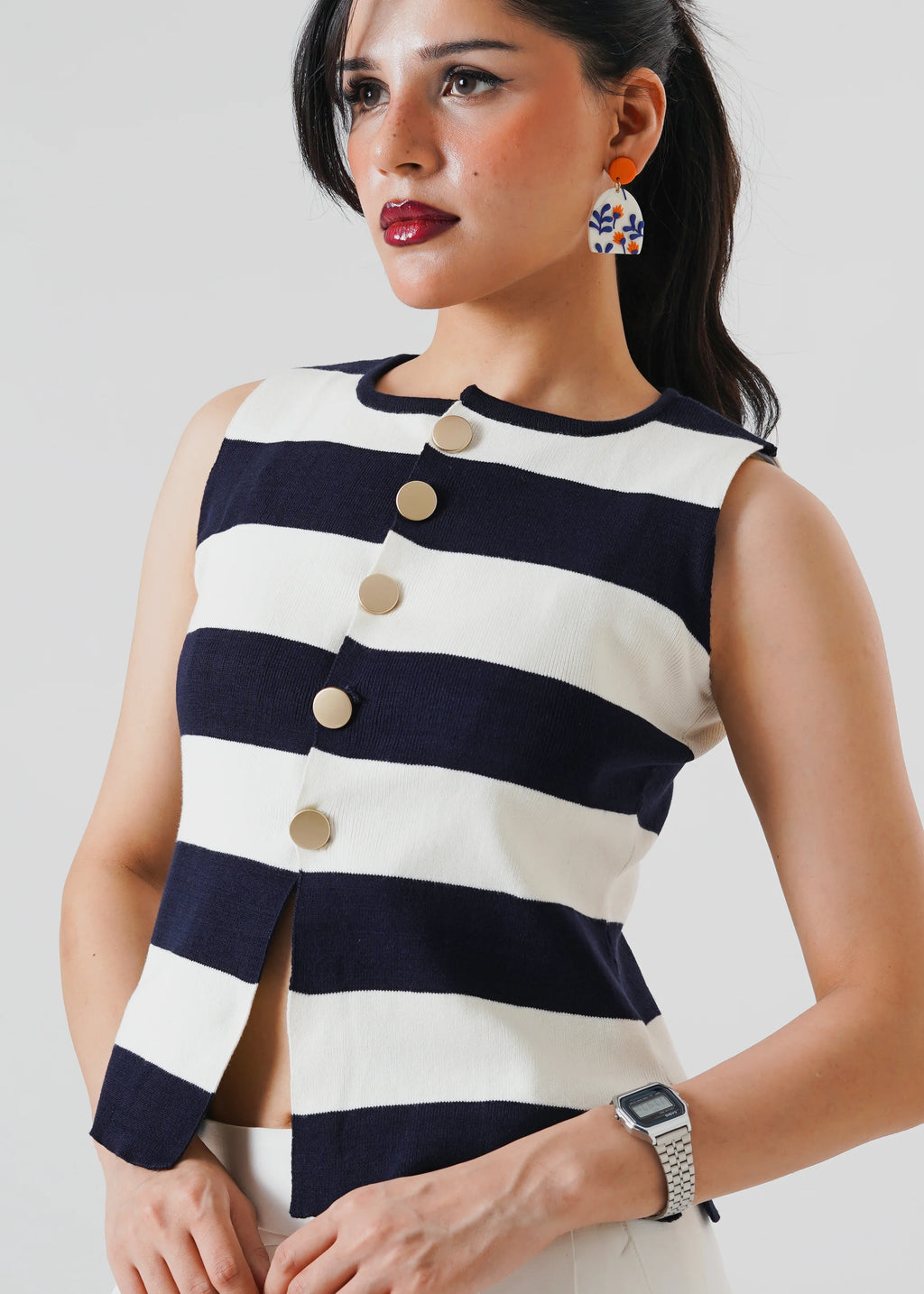 STRIPPED MILANO RIB KNIT VEST