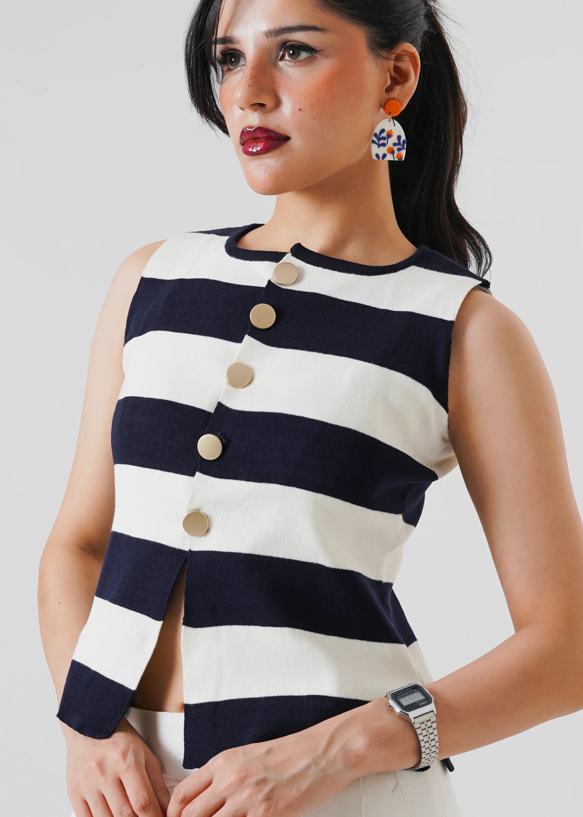 STRIPPED MILANO RIB KNIT VEST