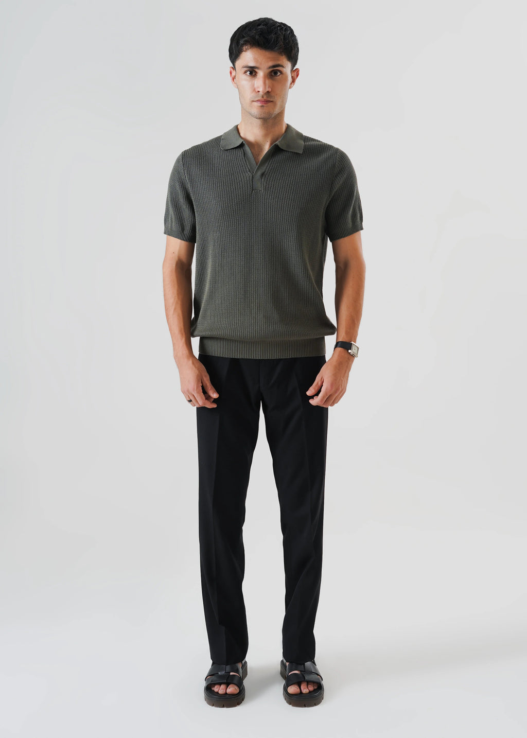 RACKING KNIT POLO KHAKI GREEN