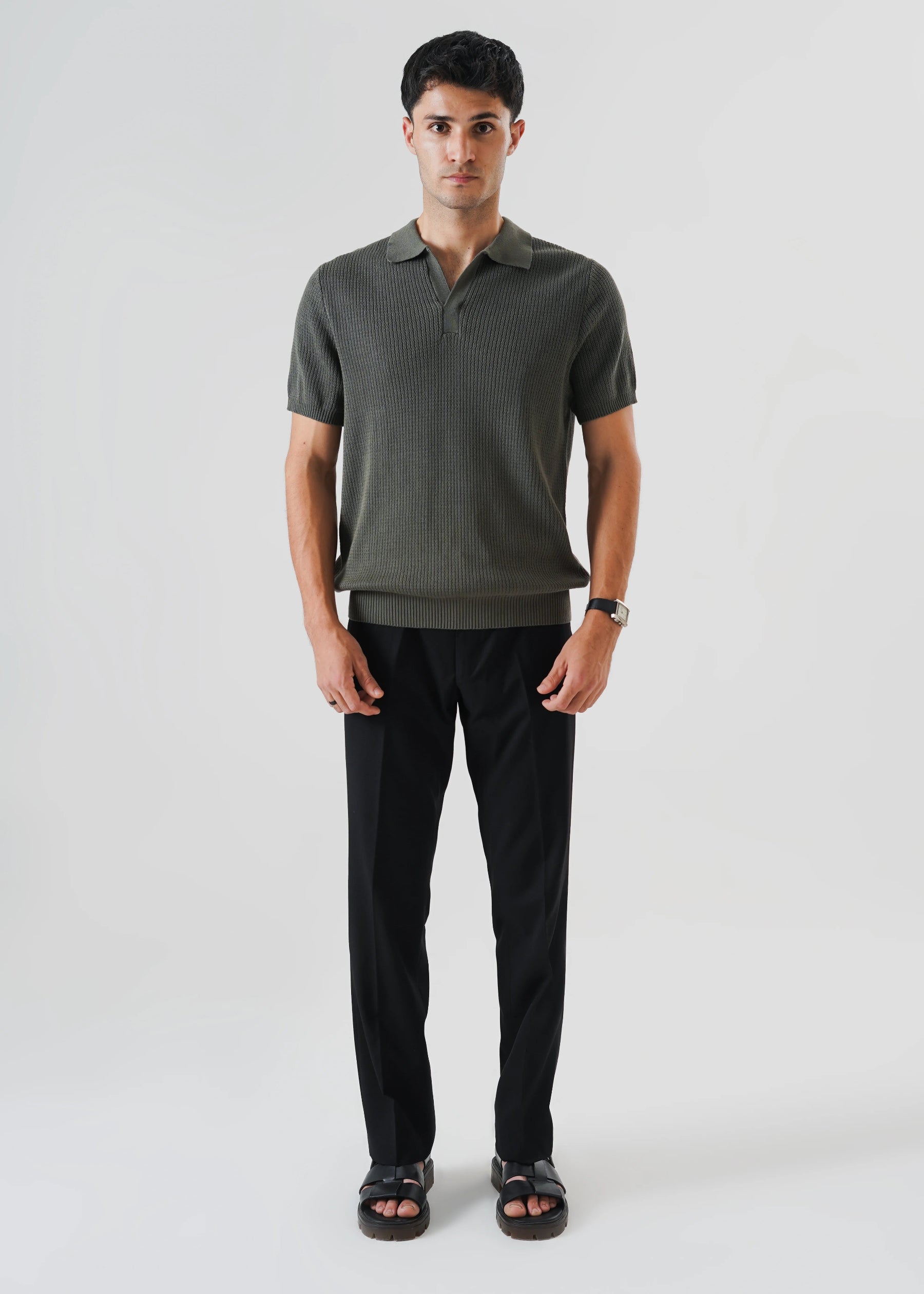 RACKING KNIT POLO KHAKI GREEN