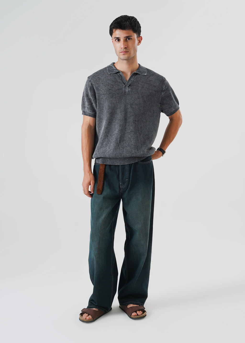 RACKING KNIT POLO CARBON WASHED