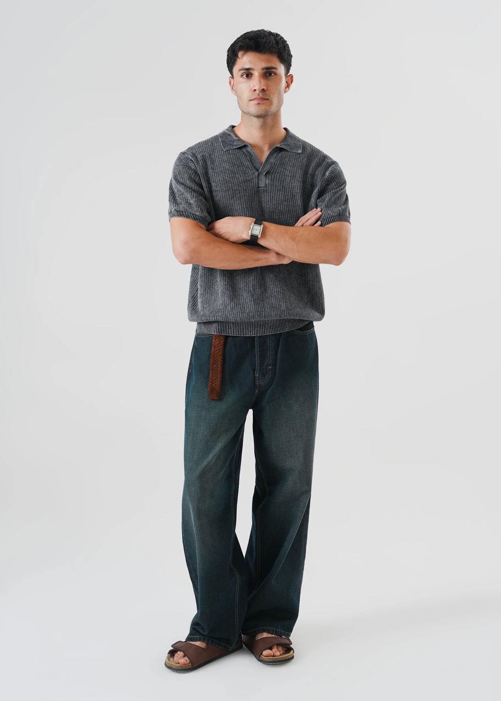 RACKING KNIT POLO CARBON WASHED