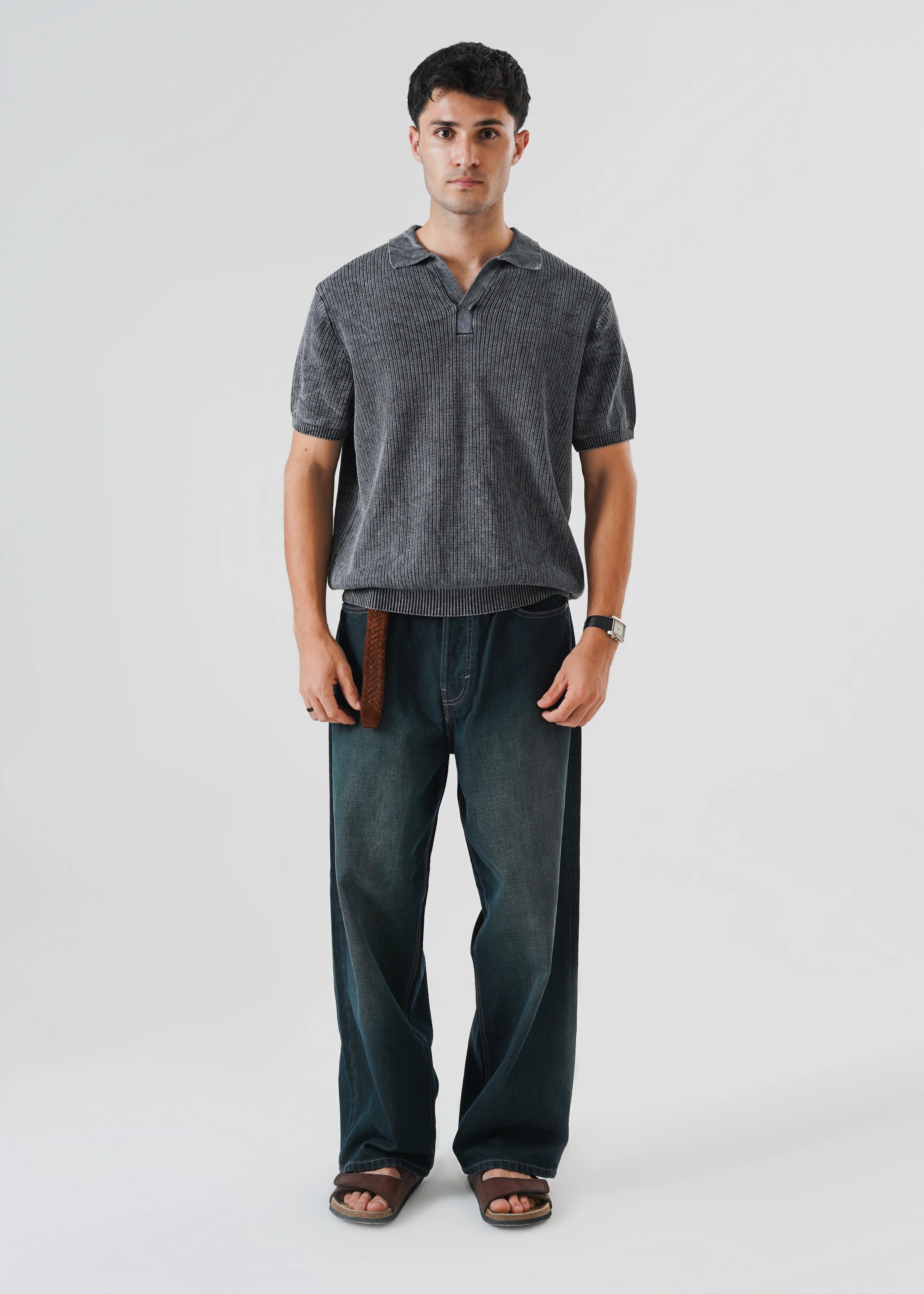 RACKING KNIT POLO CARBON WASHED
