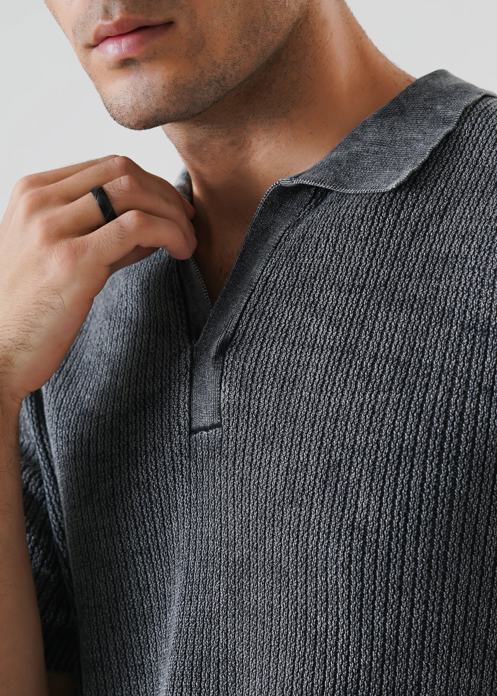 RACKING KNIT POLO CARBON WASHED