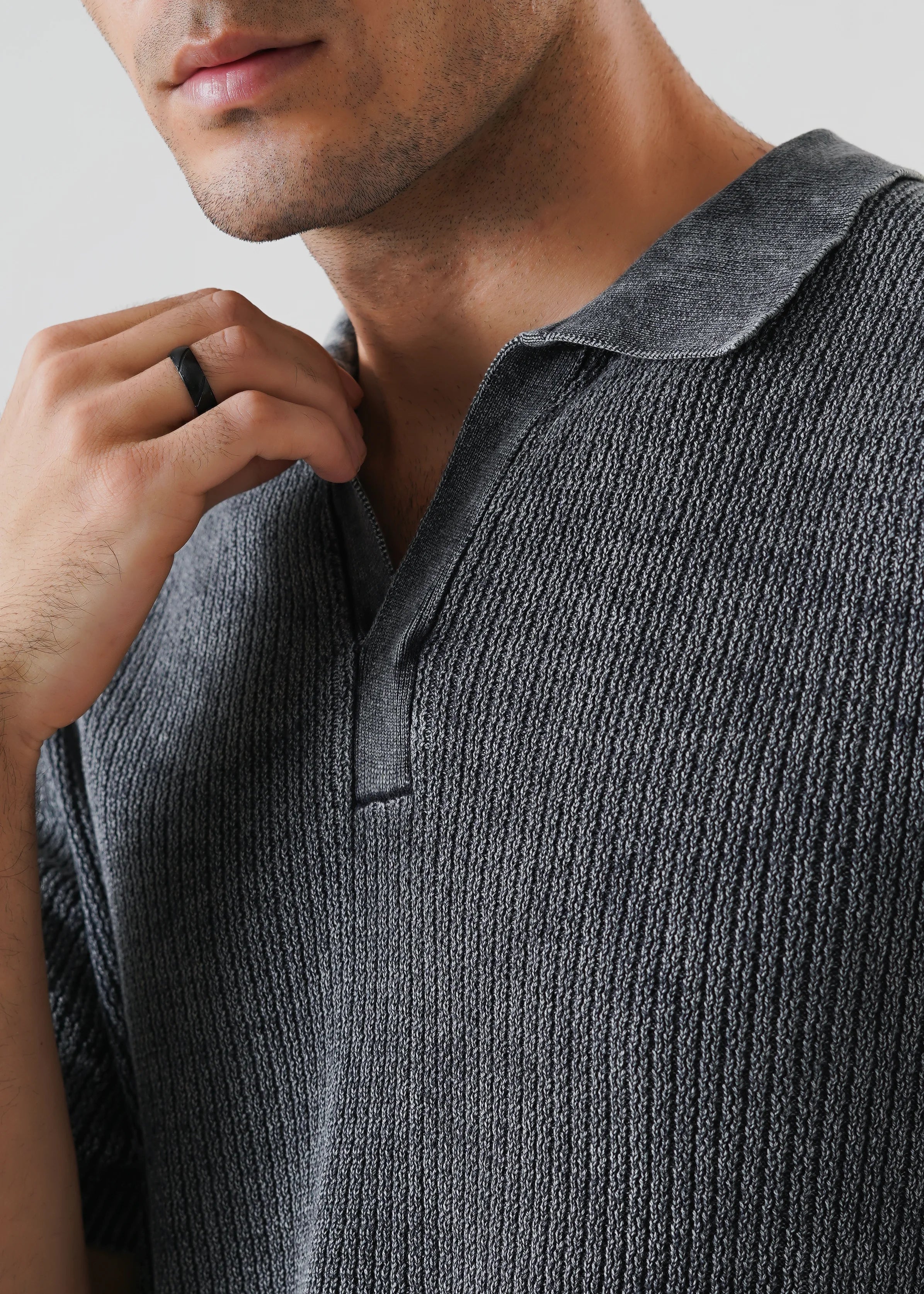 RACKING KNIT POLO CARBON WASHED