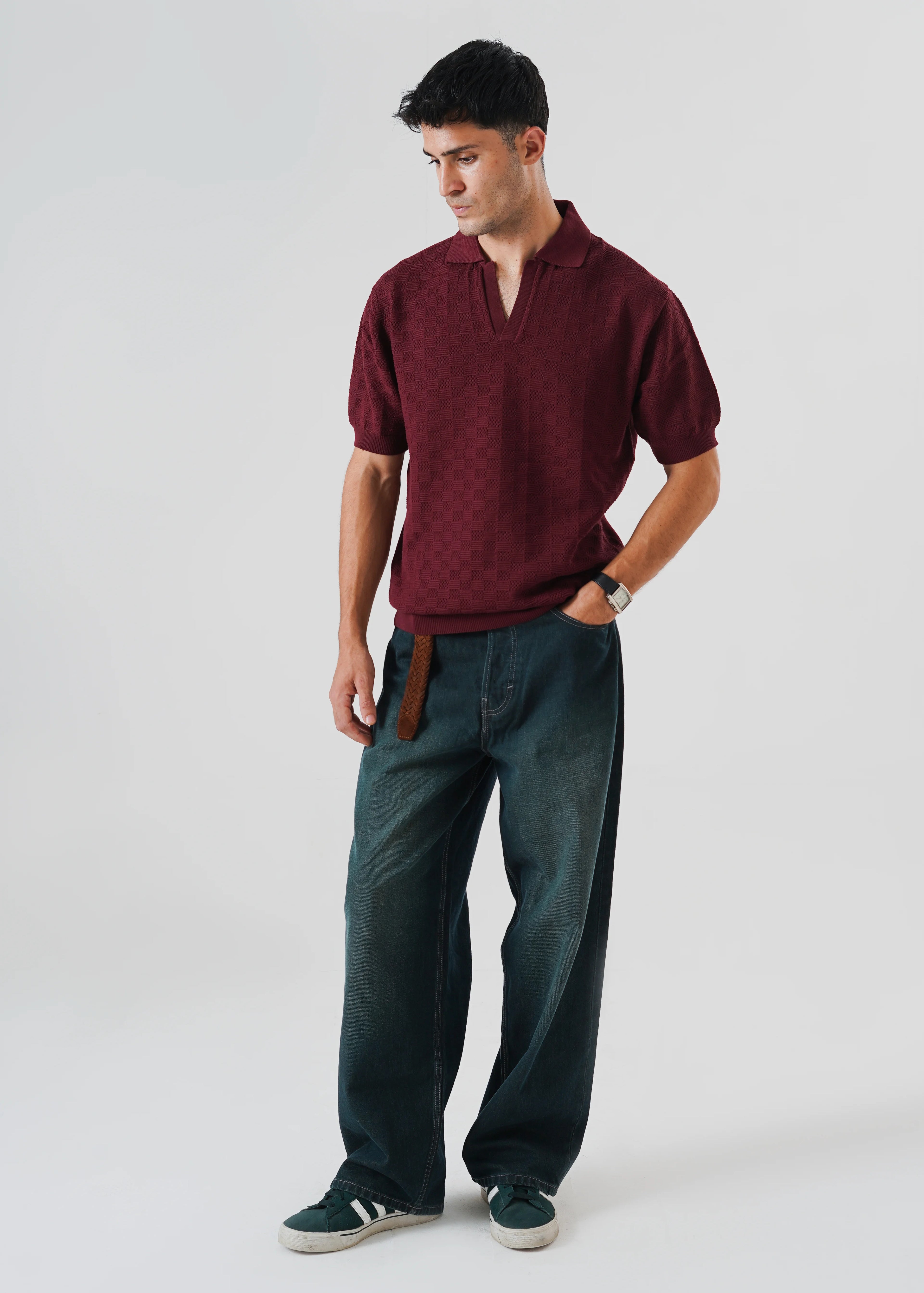 CHECKERED KNIT SKIPPER POLO