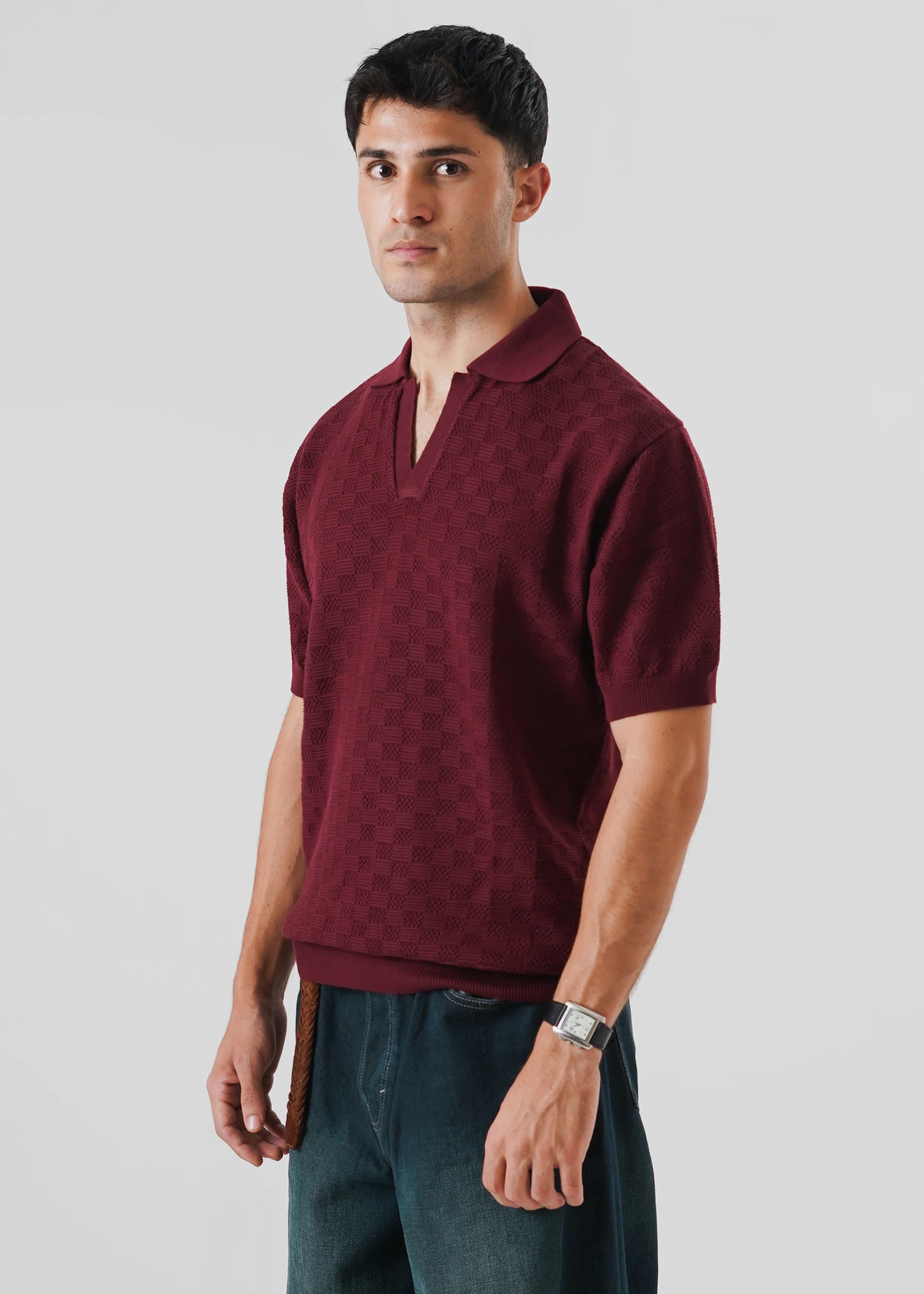 CHECKERED KNIT SKIPPER POLO