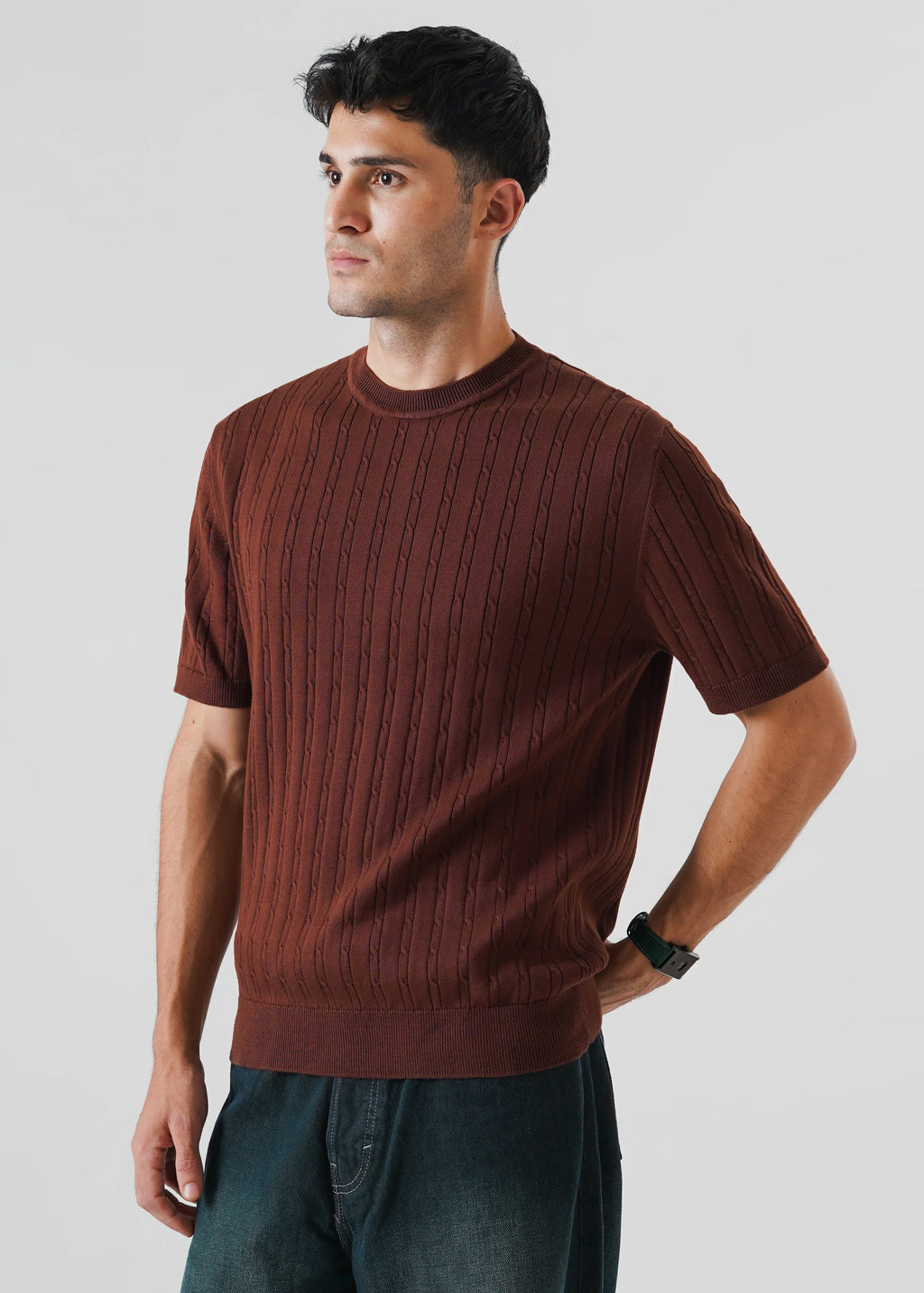 CABLE KNIT T-SHIRT BROWN DERBY