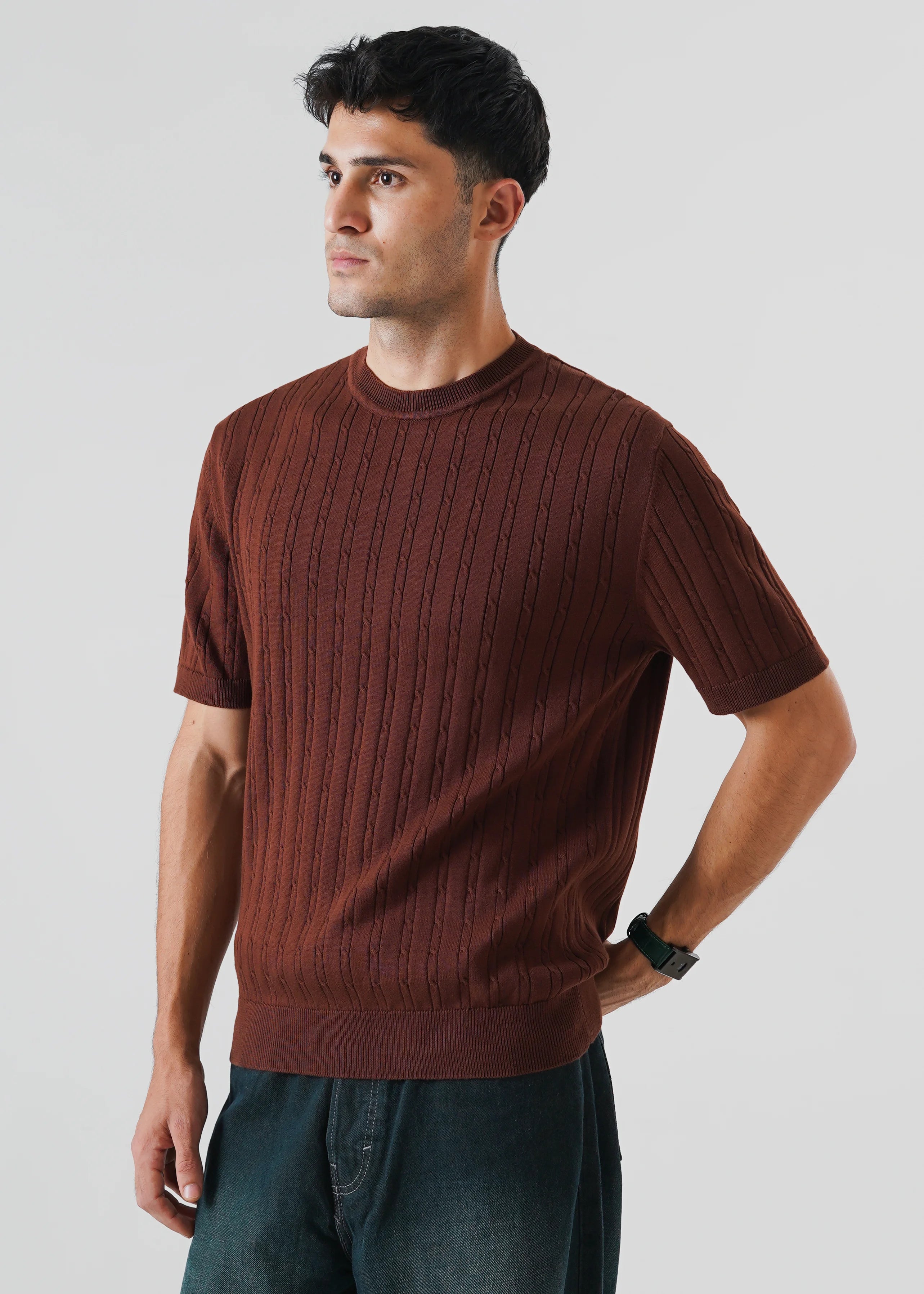 CABLE KNIT T-SHIRT BROWN DERBY