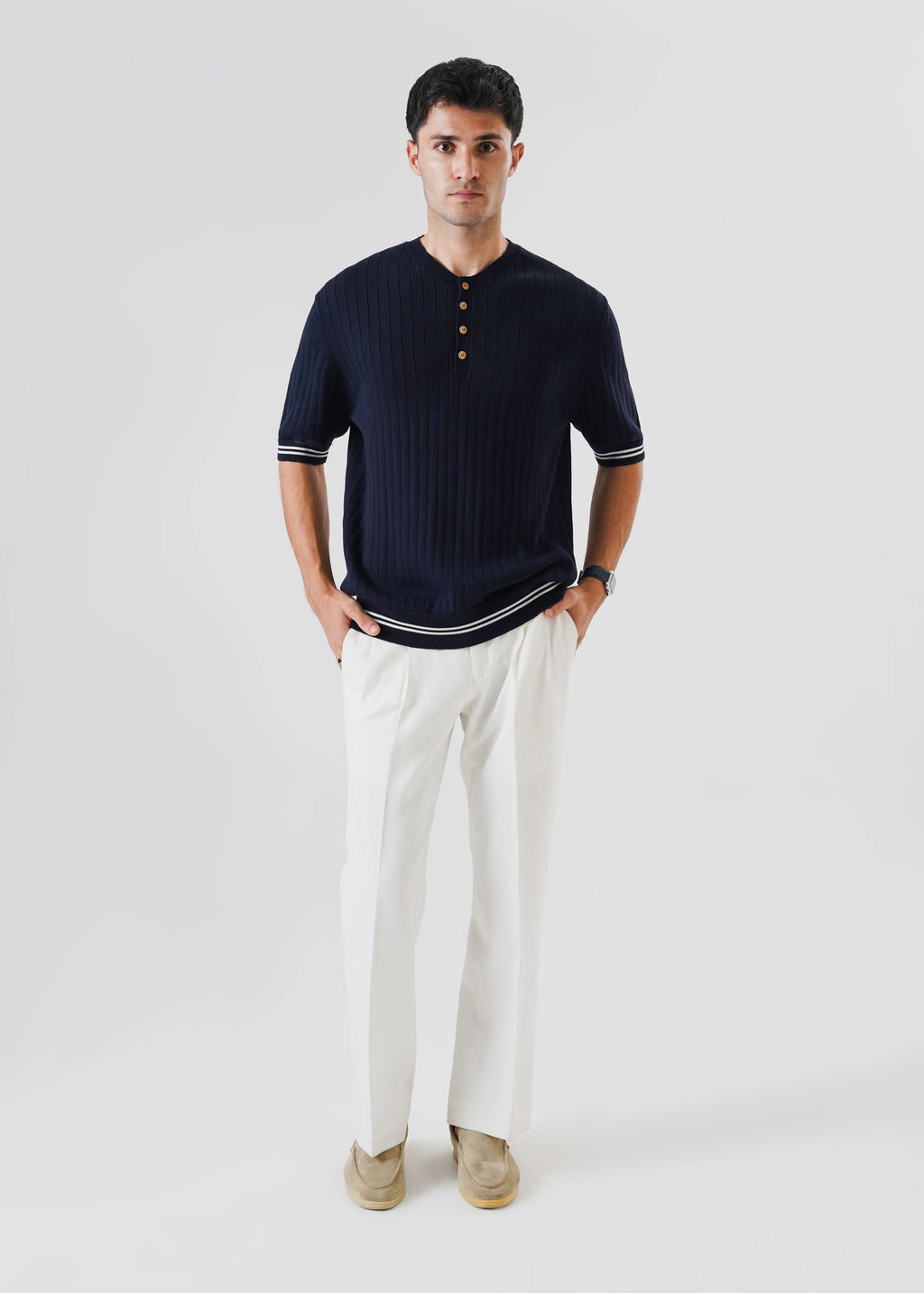 DROP NEEDLE KNIT HENLEY NAVY BLUE