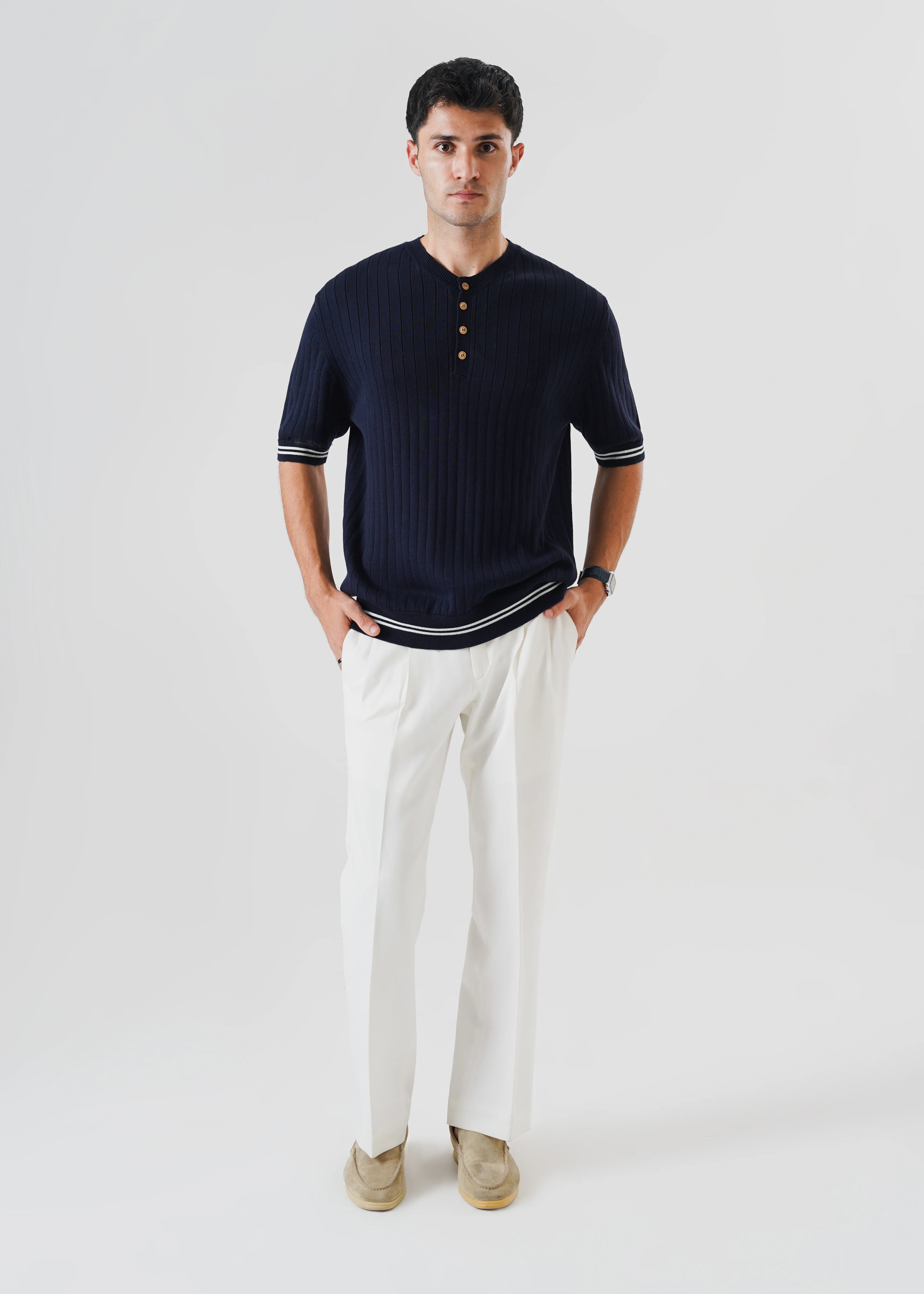 DROP NEEDLE KNIT HENLEY NAVY BLUE