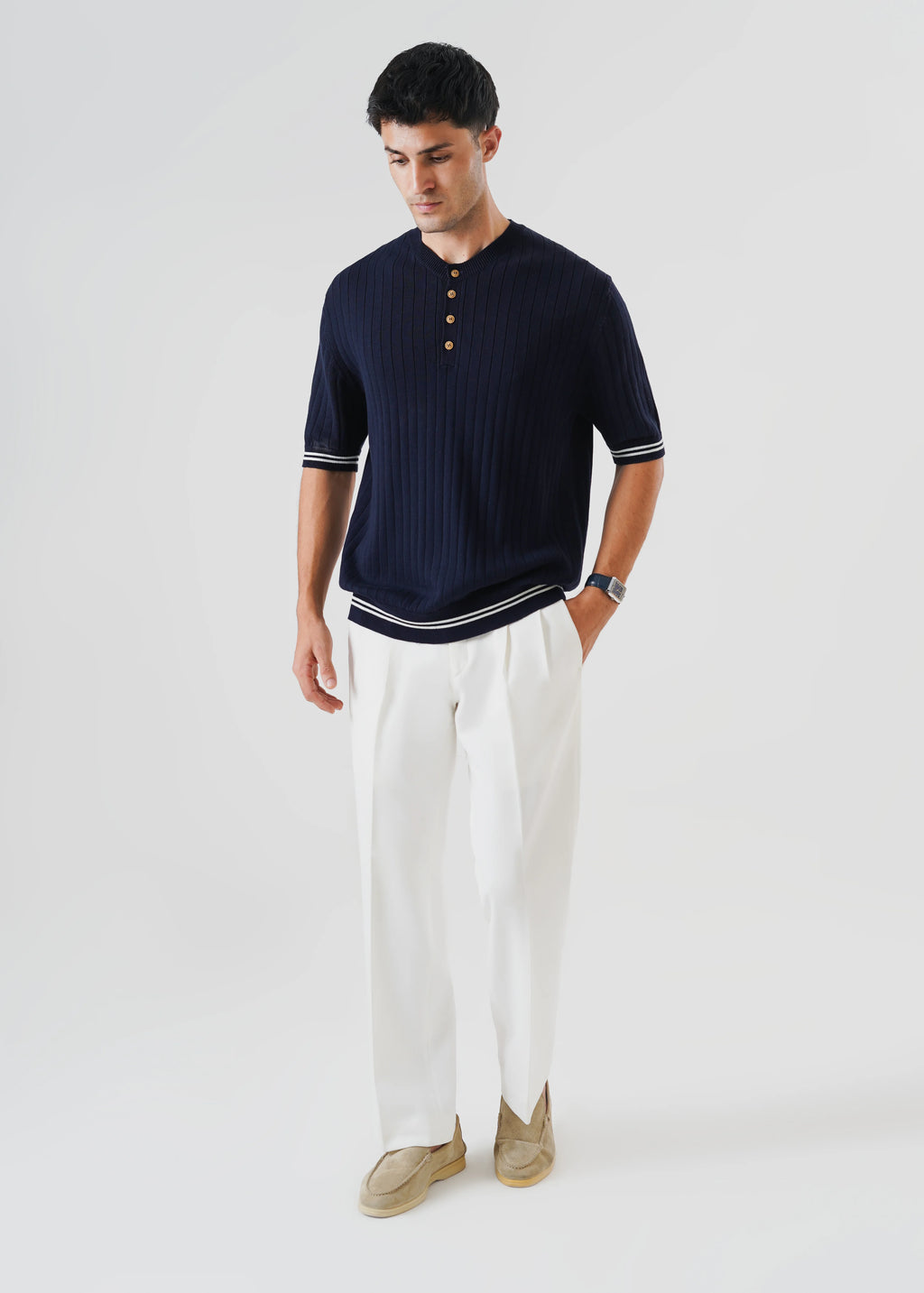 DROP NEEDLE KNIT HENLEY NAVY BLUE