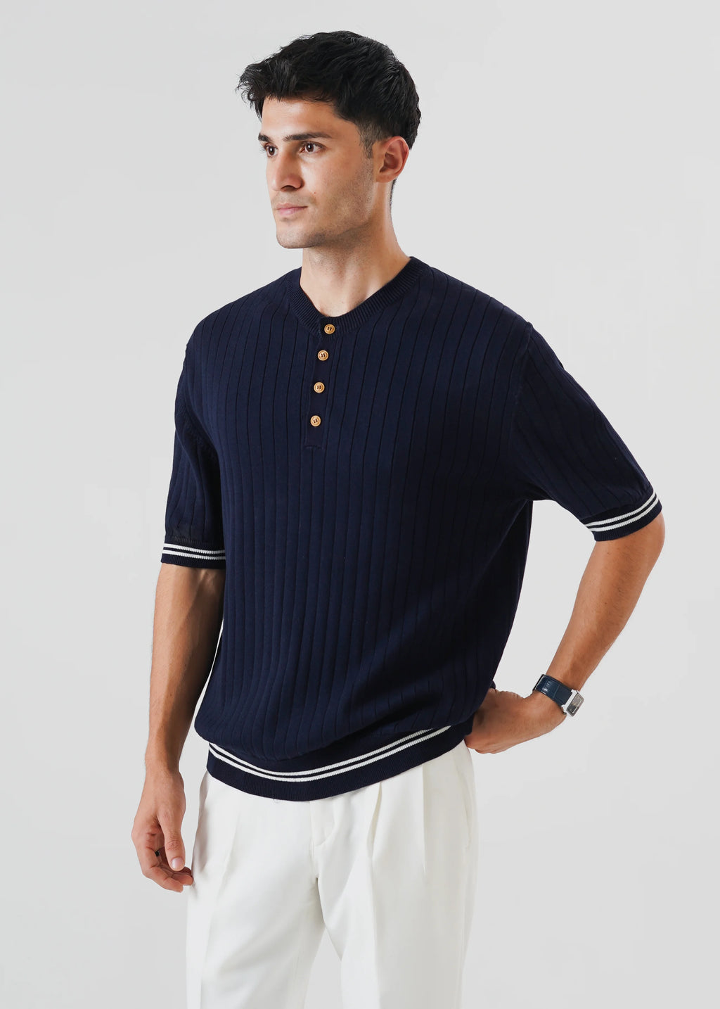 DROP NEEDLE KNIT HENLEY NAVY BLUE