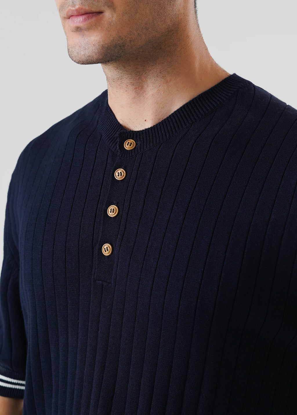 DROP NEEDLE KNIT HENLEY NAVY BLUE