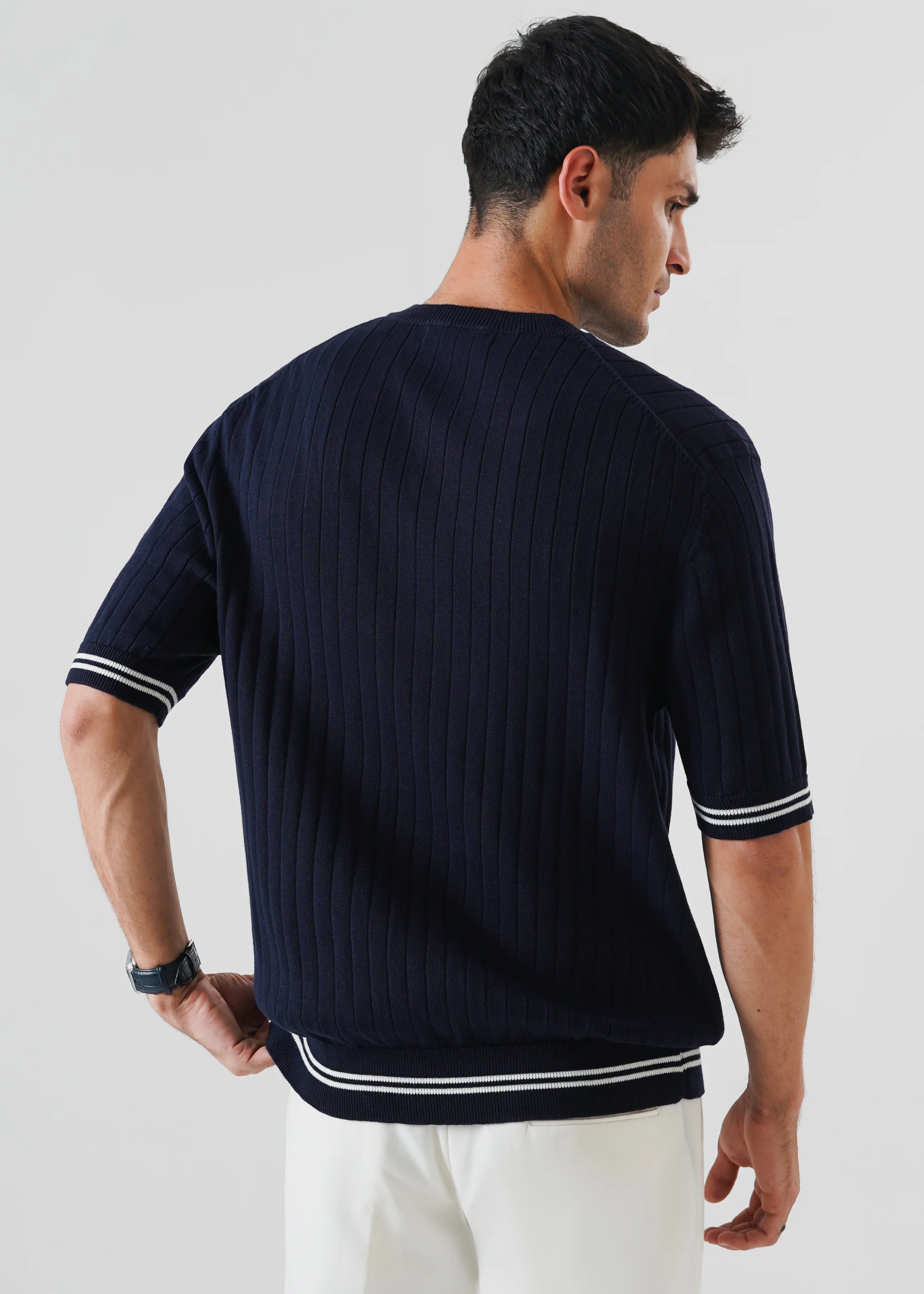 DROP NEEDLE KNIT HENLEY NAVY BLUE