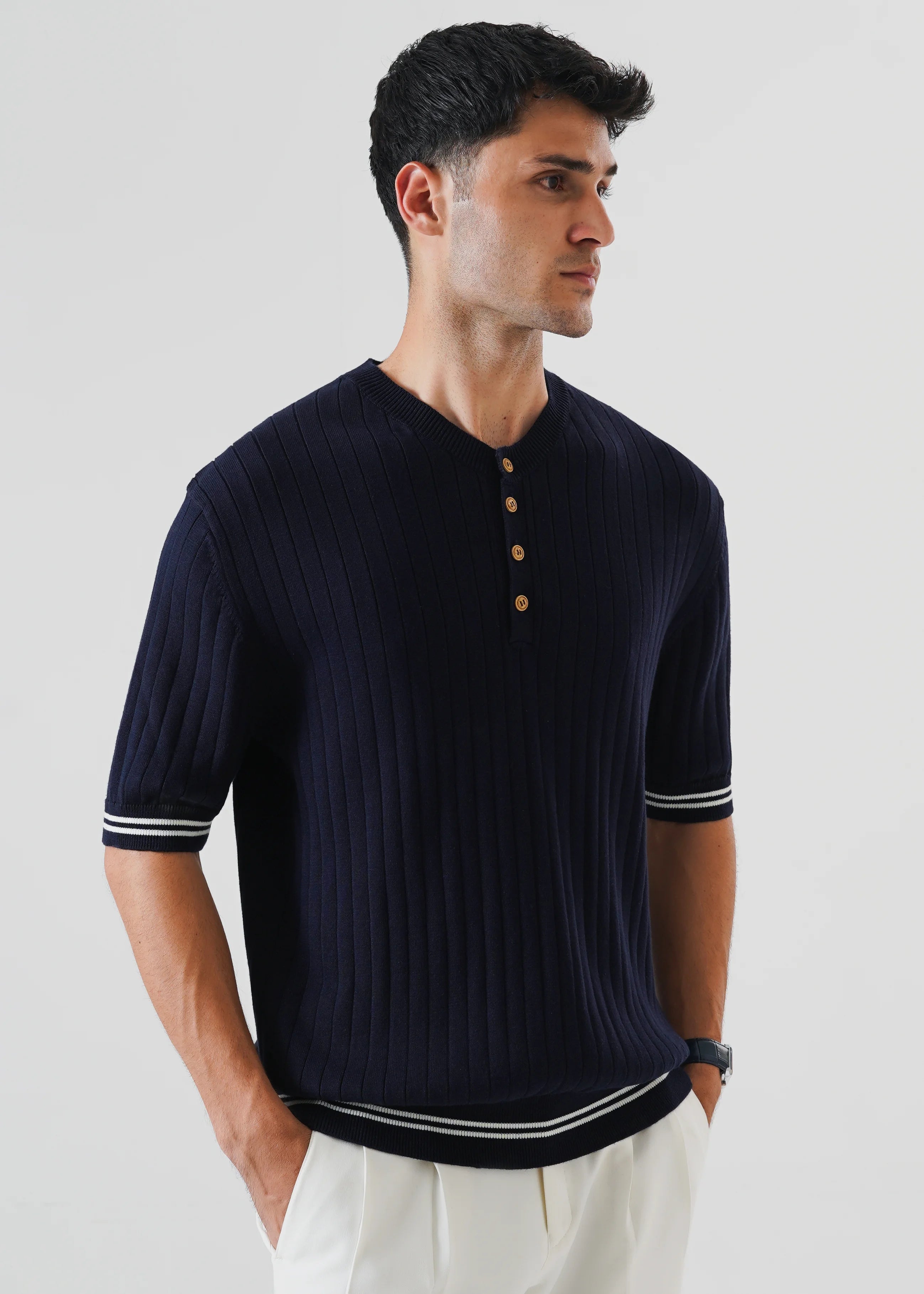 DROP NEEDLE KNIT HENLEY NAVY BLUE