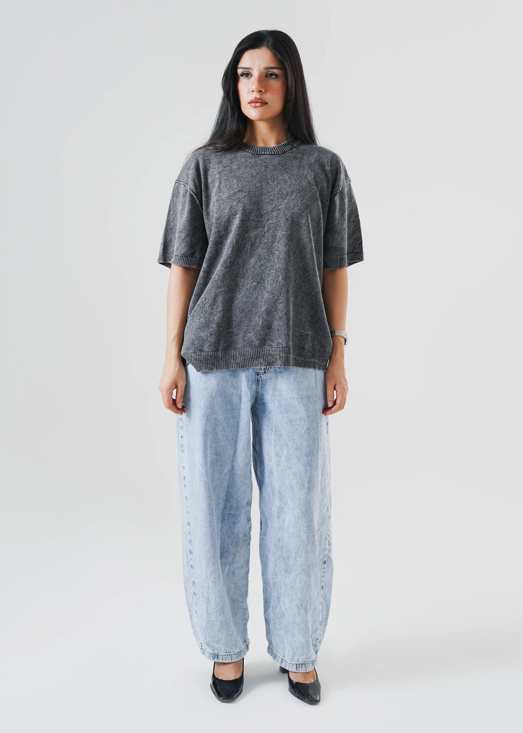 WASHED REVERSE LINKED OVERSIZED KNIT T-SHIRT