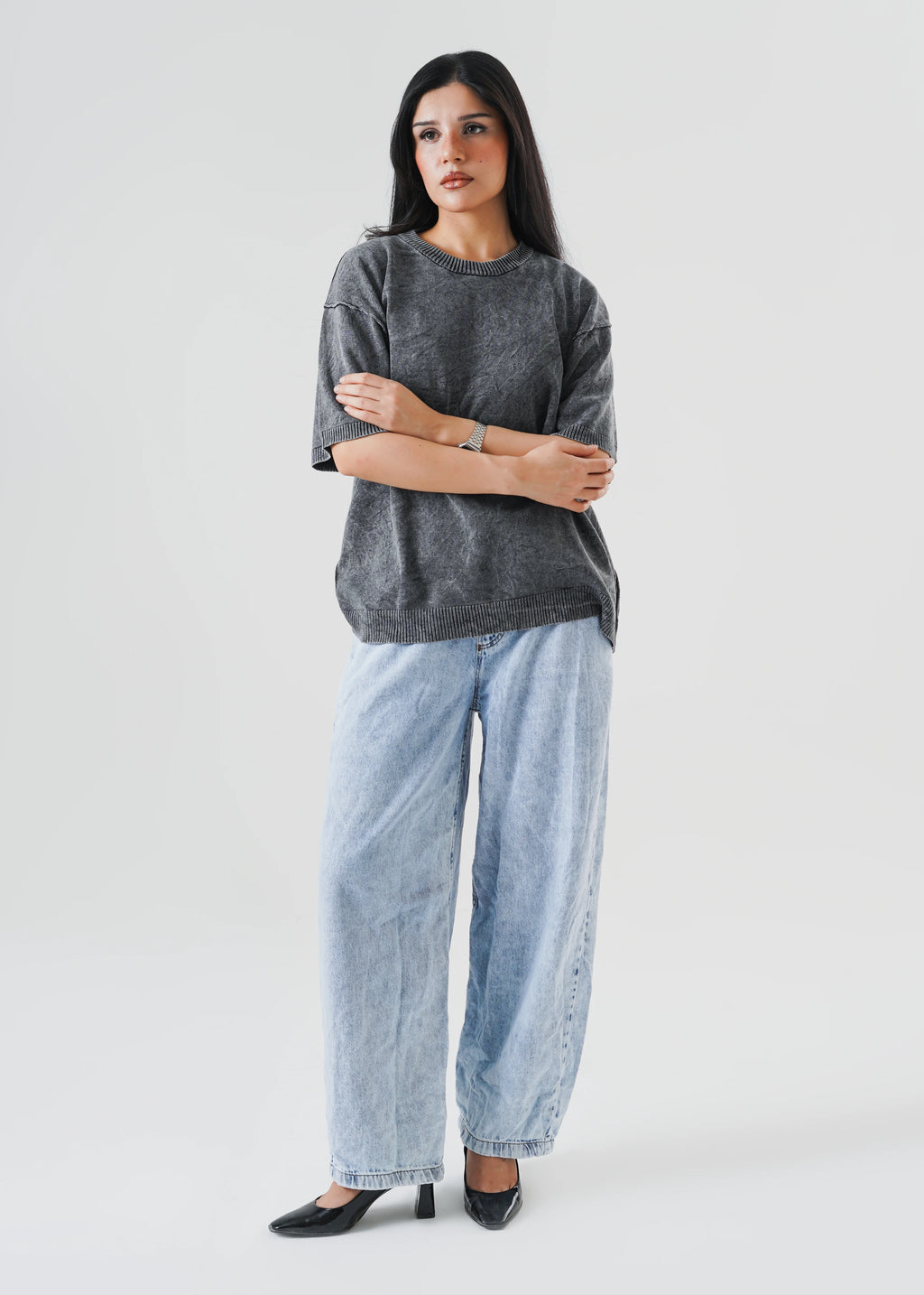 WASHED REVERSE LINKED OVERSIZED KNIT T-SHIRT