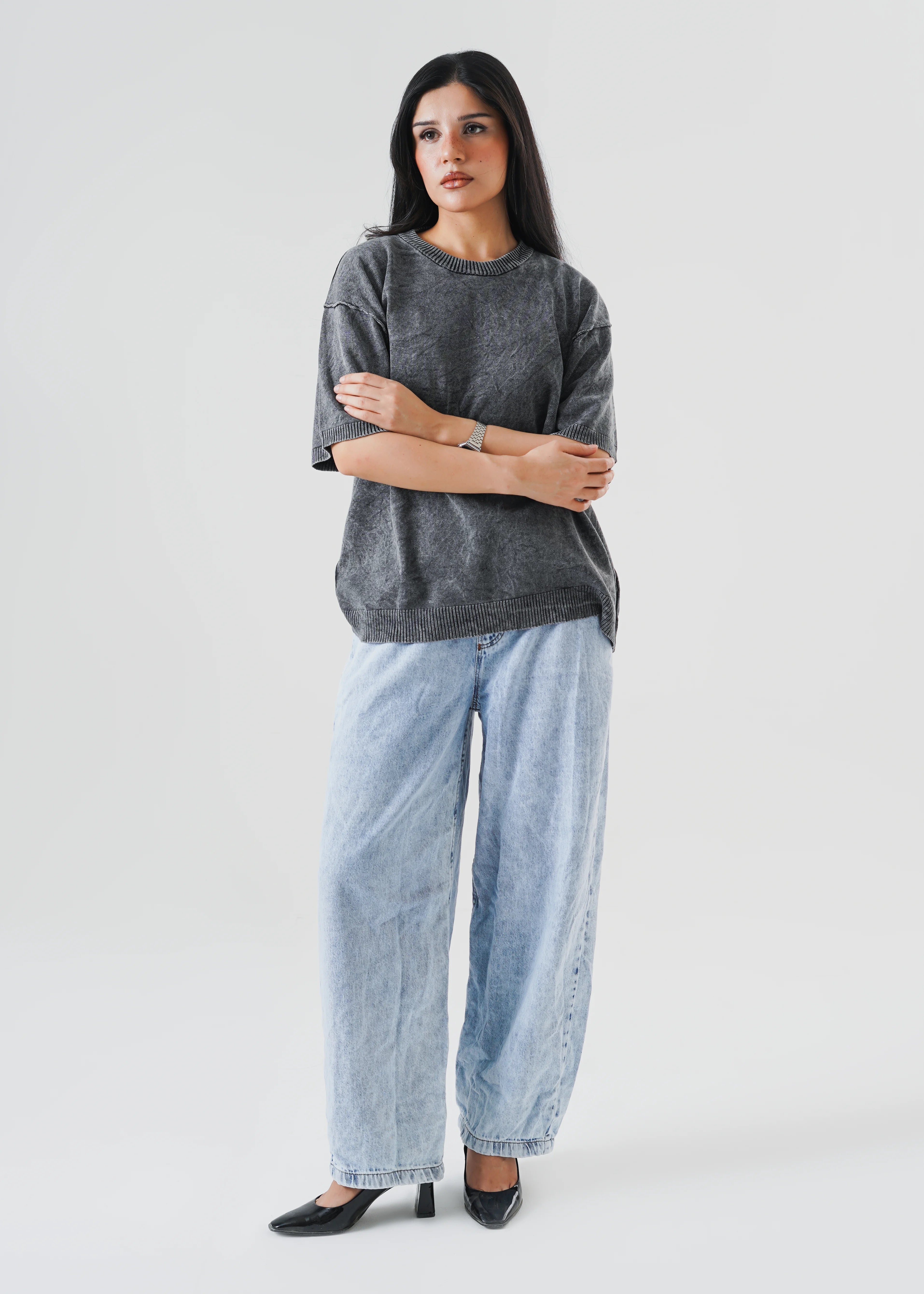 WASHED REVERSE LINKED OVERSIZED KNIT T-SHIRT