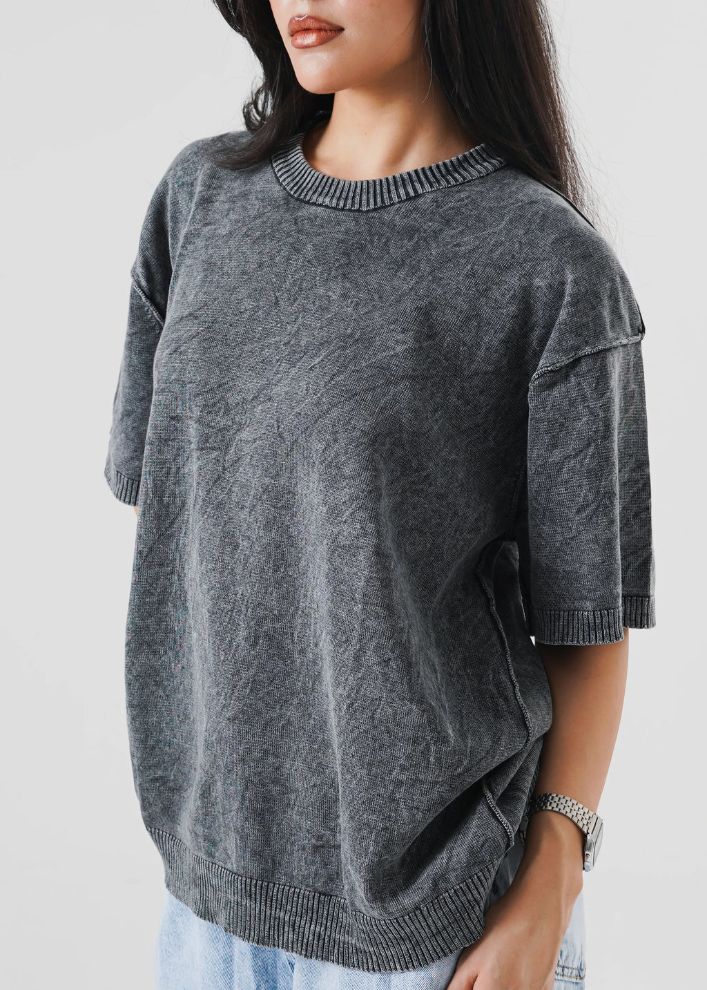 WASHED REVERSE LINKED OVERSIZED KNIT T-SHIRT