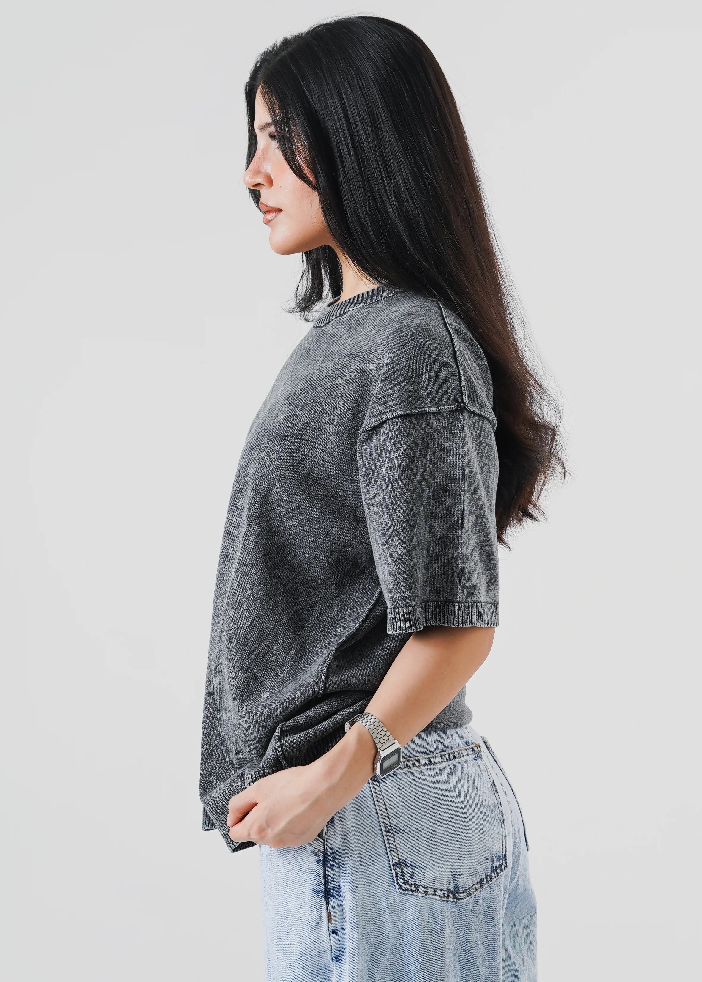 WASHED REVERSE LINKED OVERSIZED KNIT T-SHIRT